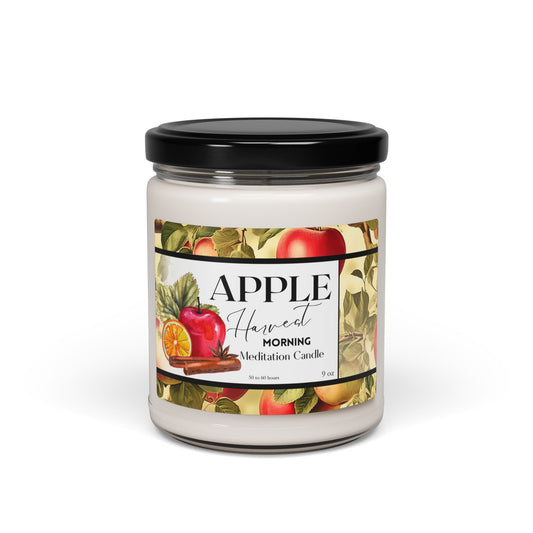 Candle jar labeled 'Apple Harvest' on a white background