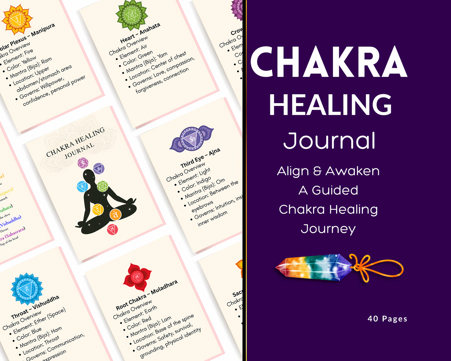Flat lay of the Chakra Healing Journal cover and 7 chakra overview cards, including colors, elements, and affirmations, with bold title "Align & Awaken – A Guided Chakra Healing Journey."