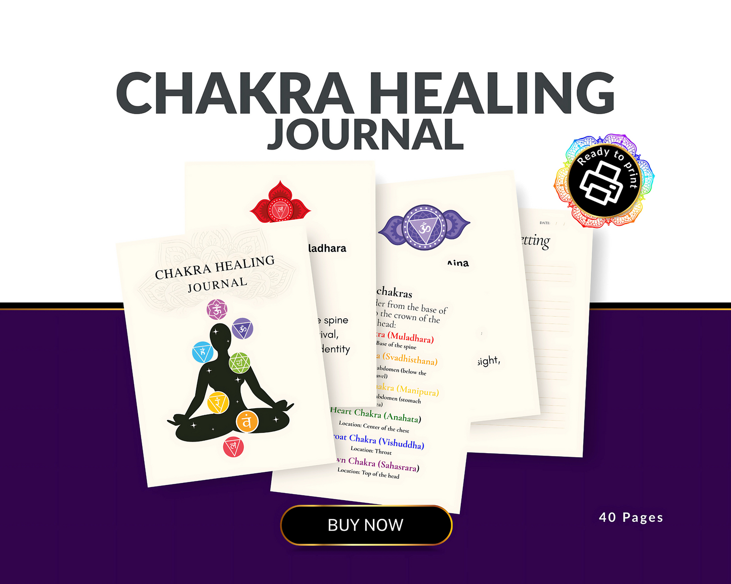 Preview of Chakra Healing Journal pages showing chakra breakdowns, reflection prompts, affirmations, and intention-setting pages in a clean printable layout.