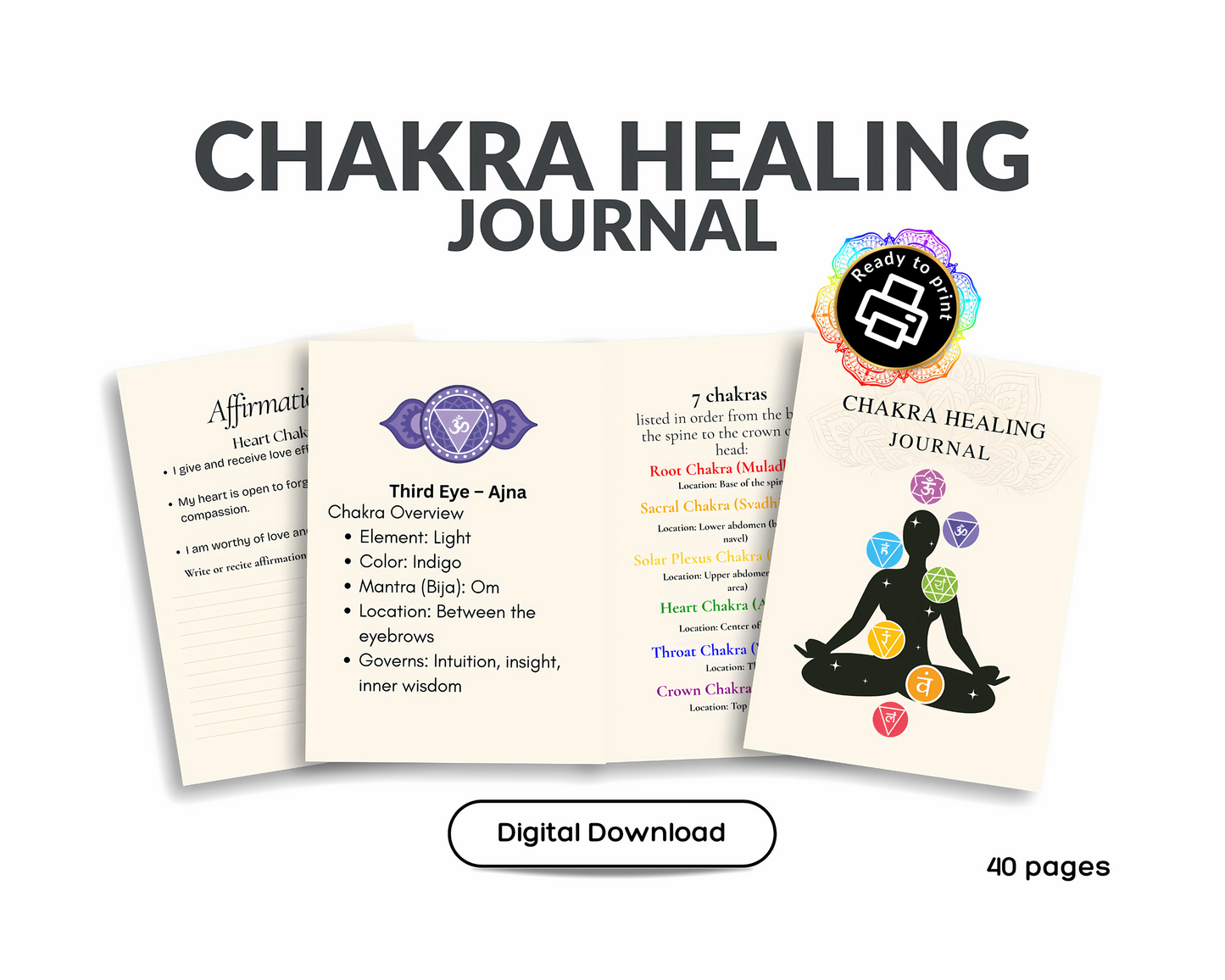 Preview of Chakra Healing Journal pages showing chakra breakdowns, reflection prompts, affirmations, and intention-setting pages in a clean printable layout.