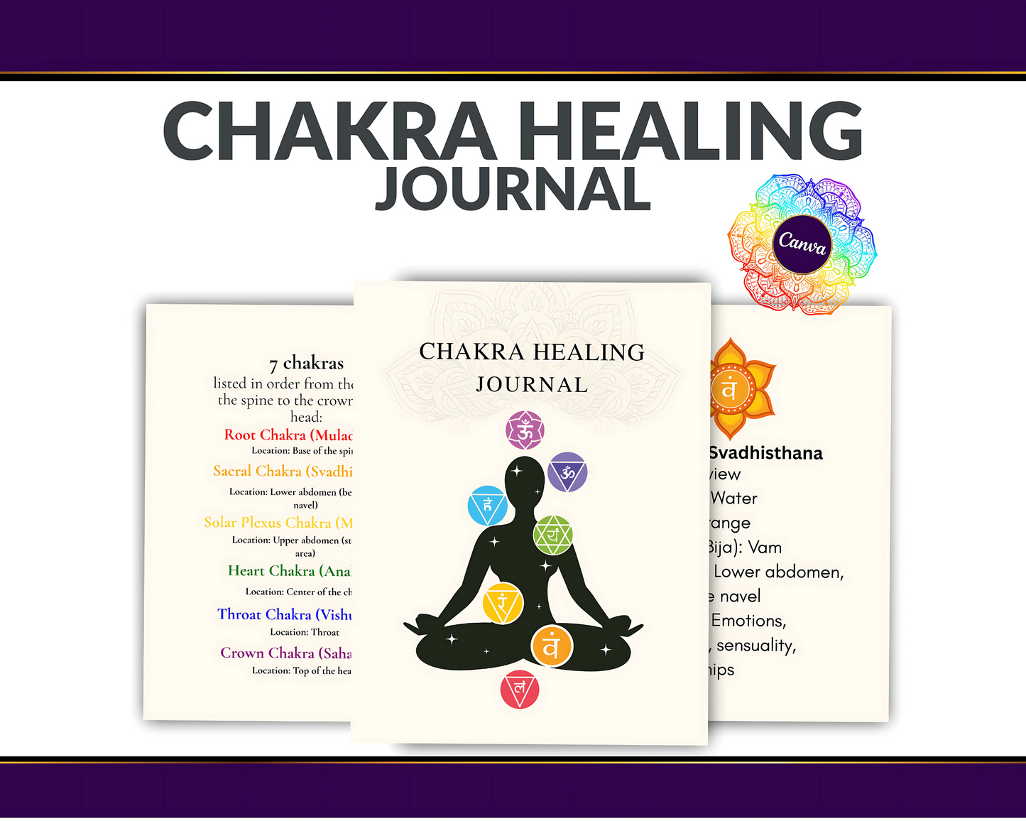 Preview of Chakra Healing Journal pages showing chakra breakdowns, reflection prompts, affirmations, and intention-setting pages in a clean printable layout.