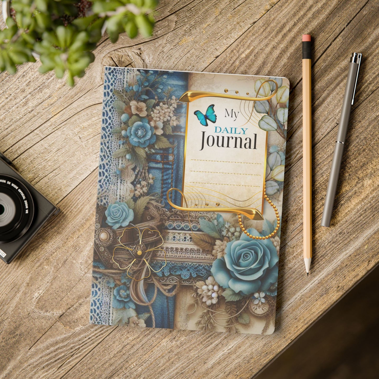 Decorative journal with floral design on a wooden surface with a pen and pencil.