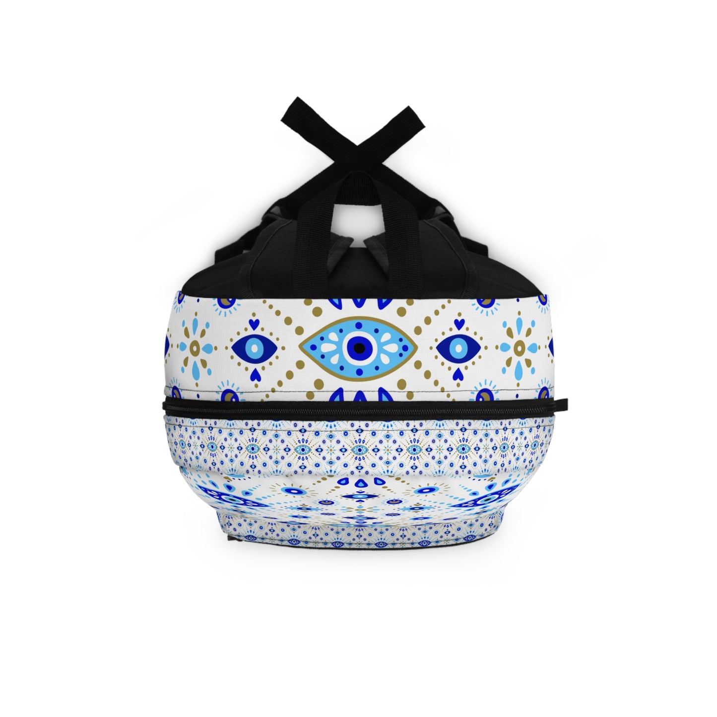 Round bag with blue and gold pattern on a white background