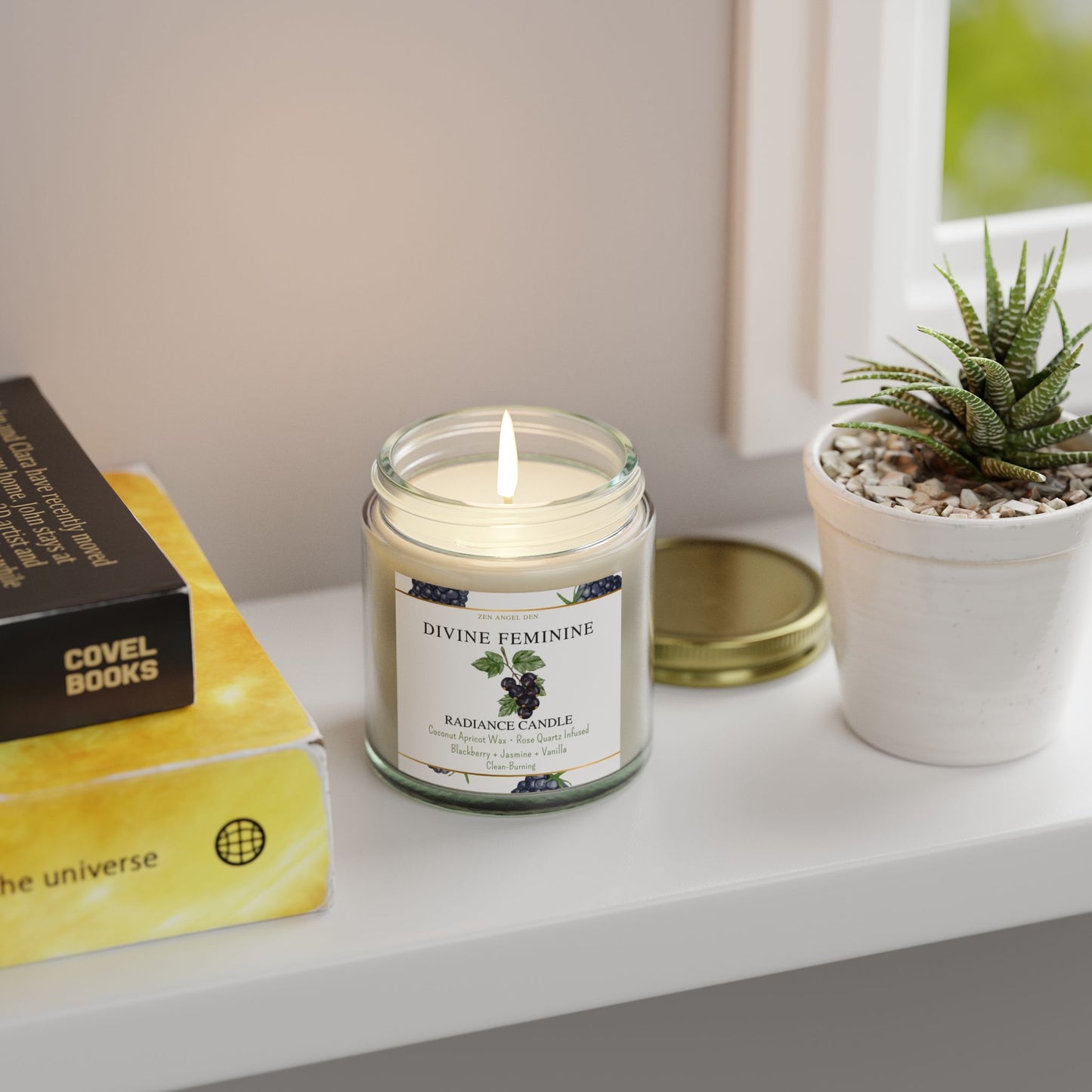 Candle, Divine Feminine Radiance, Blackberry Jasmine Vanilla, Rose Quartz Crystal, Coconut Apricot Wax, Spiritual Self-Care