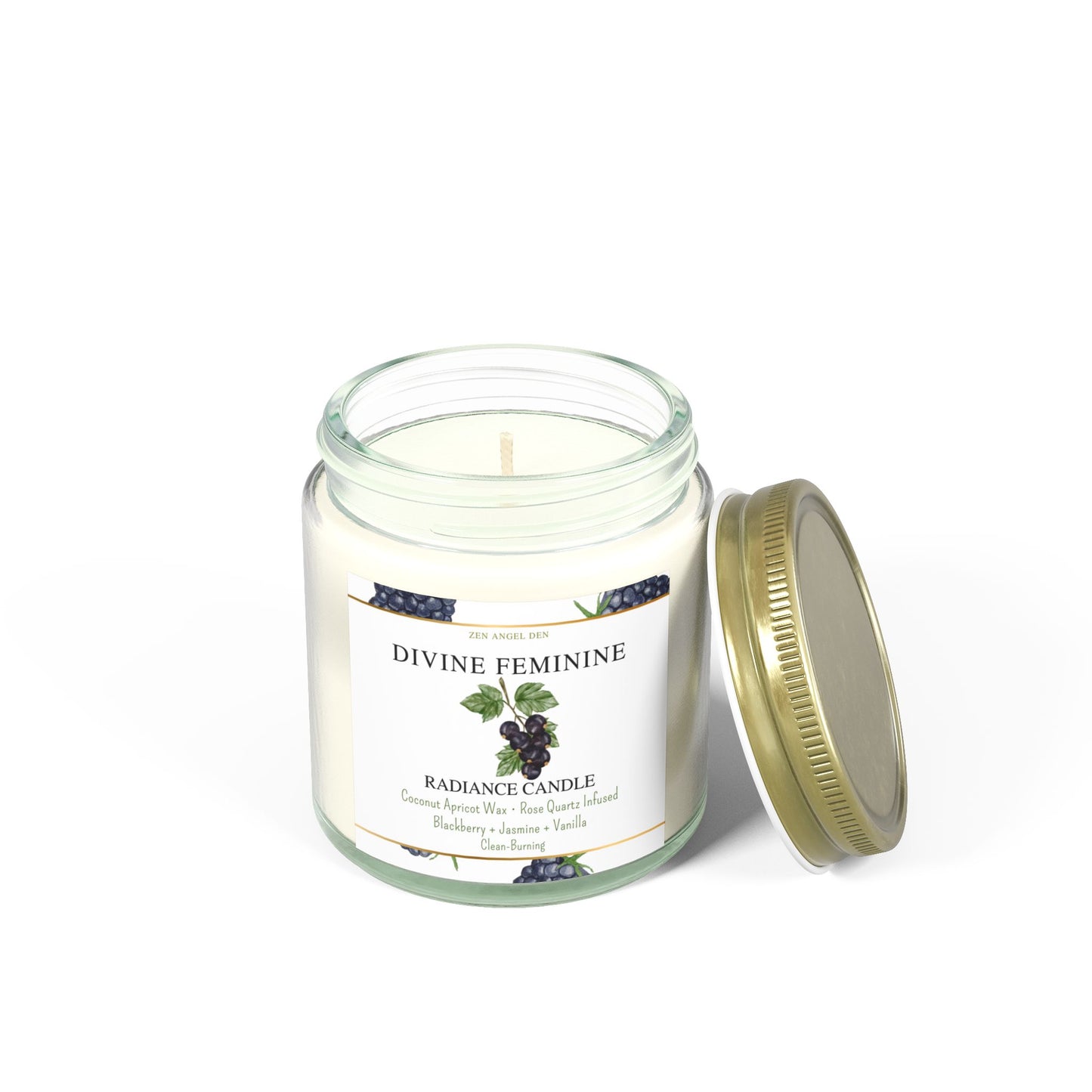 Candle, Divine Feminine Radiance, Blackberry Jasmine Vanilla, Rose Quartz Crystal, Coconut Apricot Wax, Spiritual Self-Care