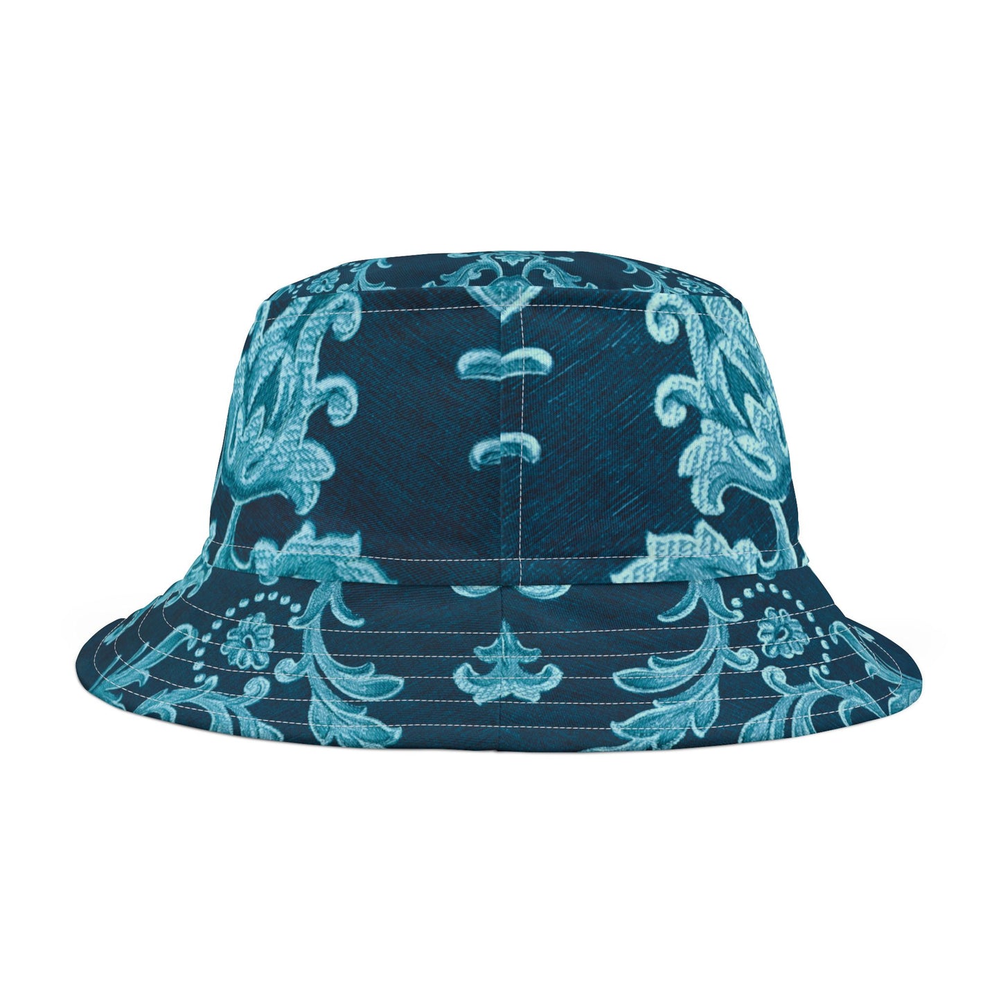 Blue bucket hat with floral pattern on a white background