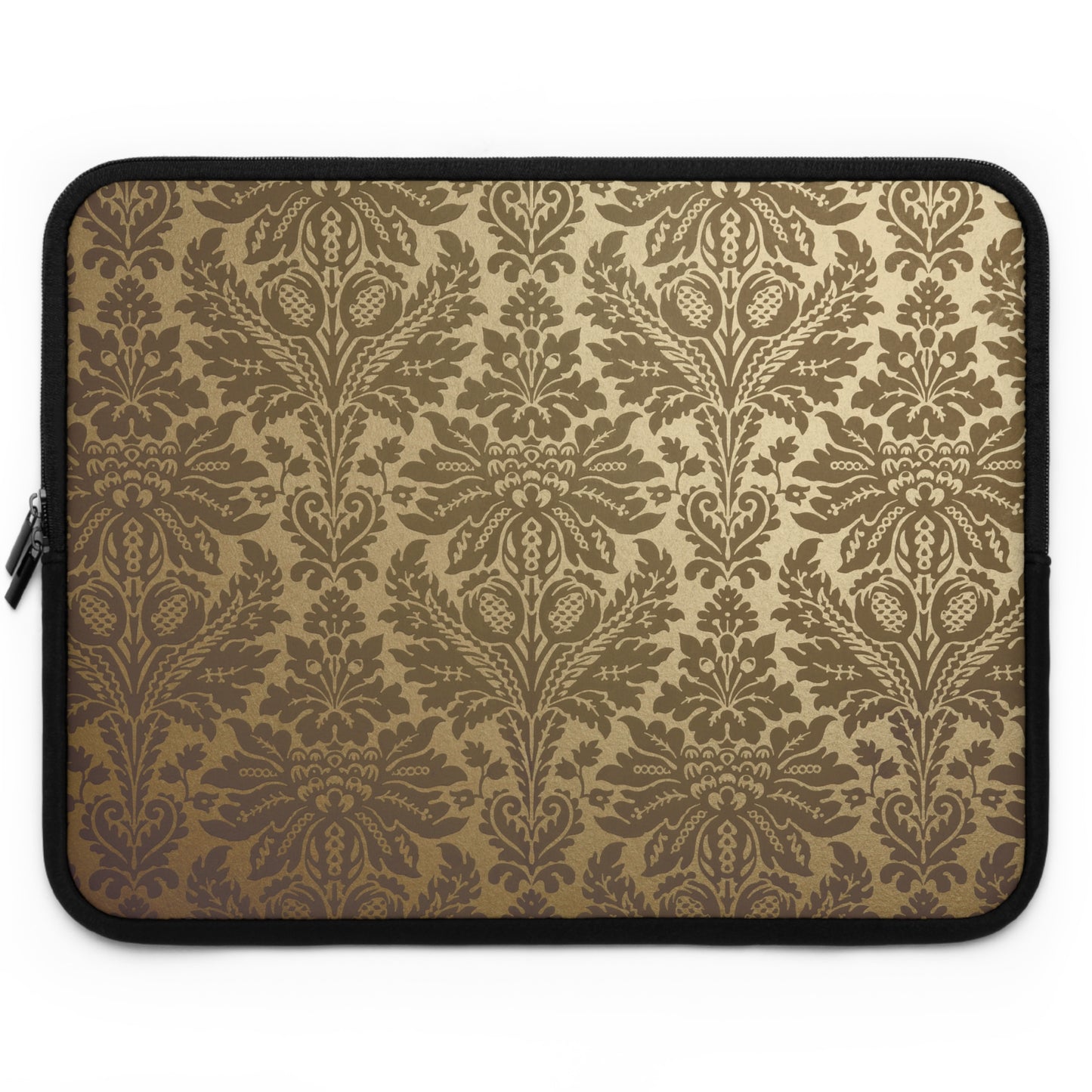 Laptop sleeve with a brown and beige damask pattern on a white background