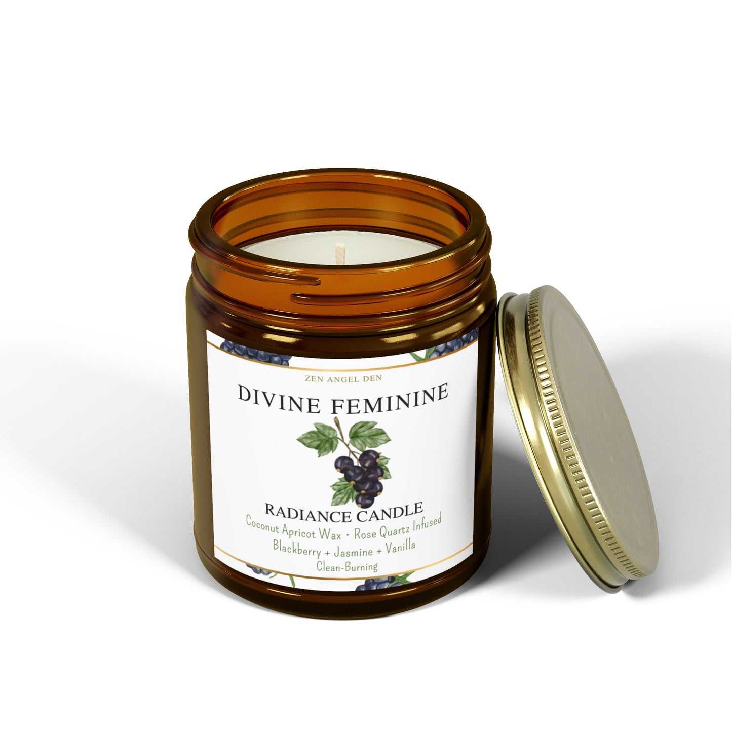 Candle, Divine Feminine Radiance, Blackberry Jasmine Vanilla, Rose Quartz Crystal, Coconut Apricot Wax, Spiritual Self-Care