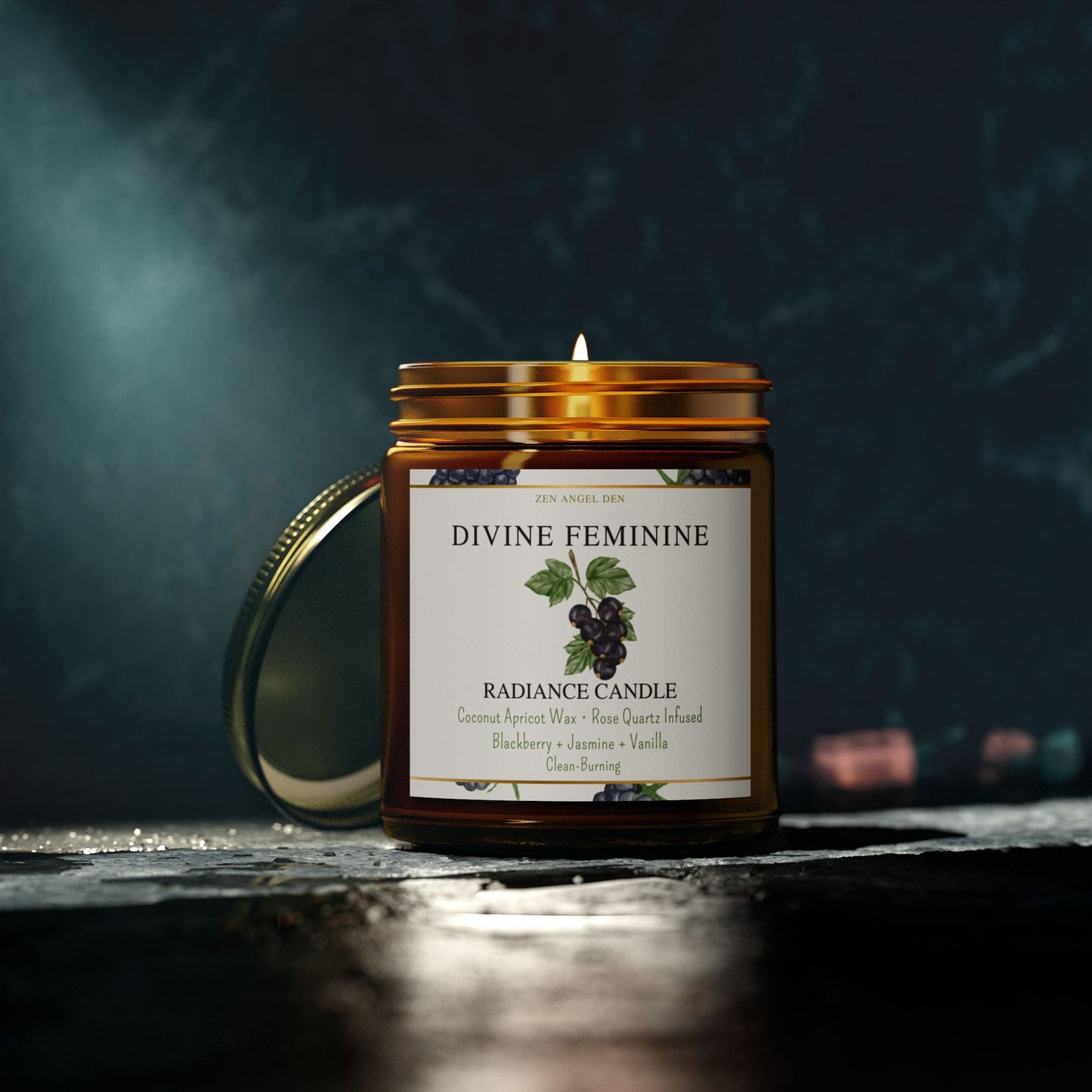Candle, Divine Feminine Radiance, Blackberry Jasmine Vanilla, Rose Quartz Crystal, Coconut Apricot Wax, Spiritual Self-Care