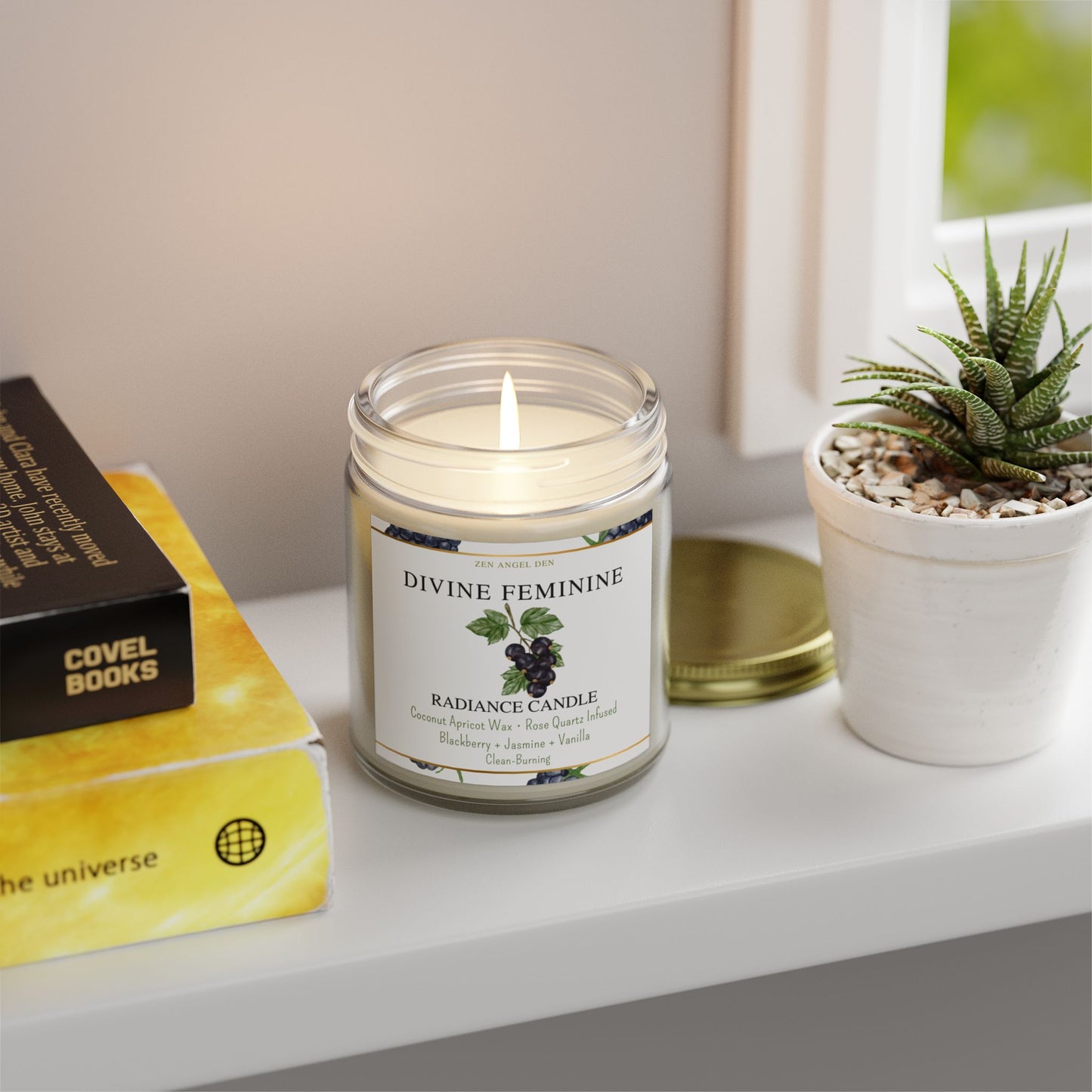 Candle, Divine Feminine Radiance, Blackberry Jasmine Vanilla, Rose Quartz Crystal, Coconut Apricot Wax, Spiritual Self-Care