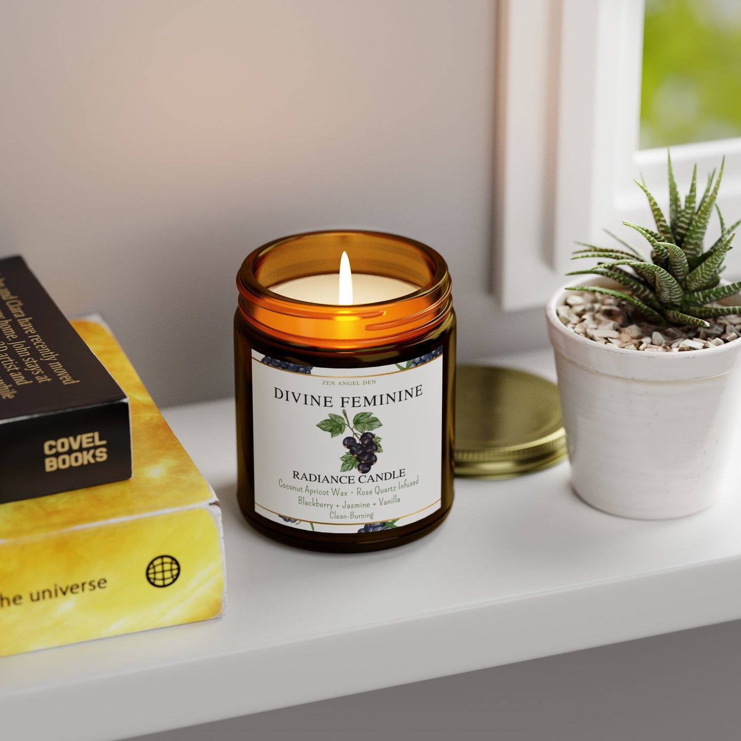 Candle, Divine Feminine Radiance, Blackberry Jasmine Vanilla, Rose Quartz Crystal, Coconut Apricot Wax, Spiritual Self-Care