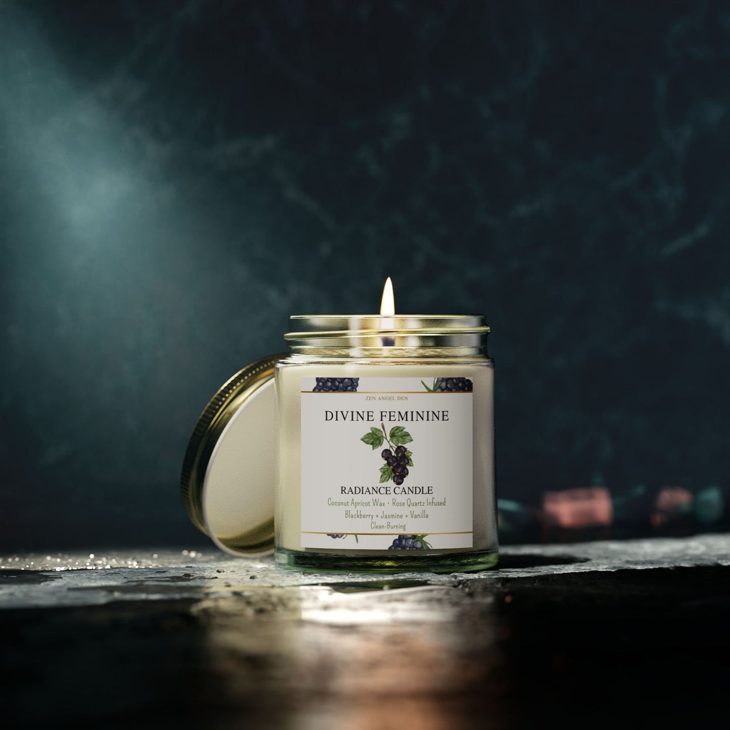 Candle, Divine Feminine Radiance, Blackberry Jasmine Vanilla, Rose Quartz Crystal, Coconut Apricot Wax, Spiritual Self-Care