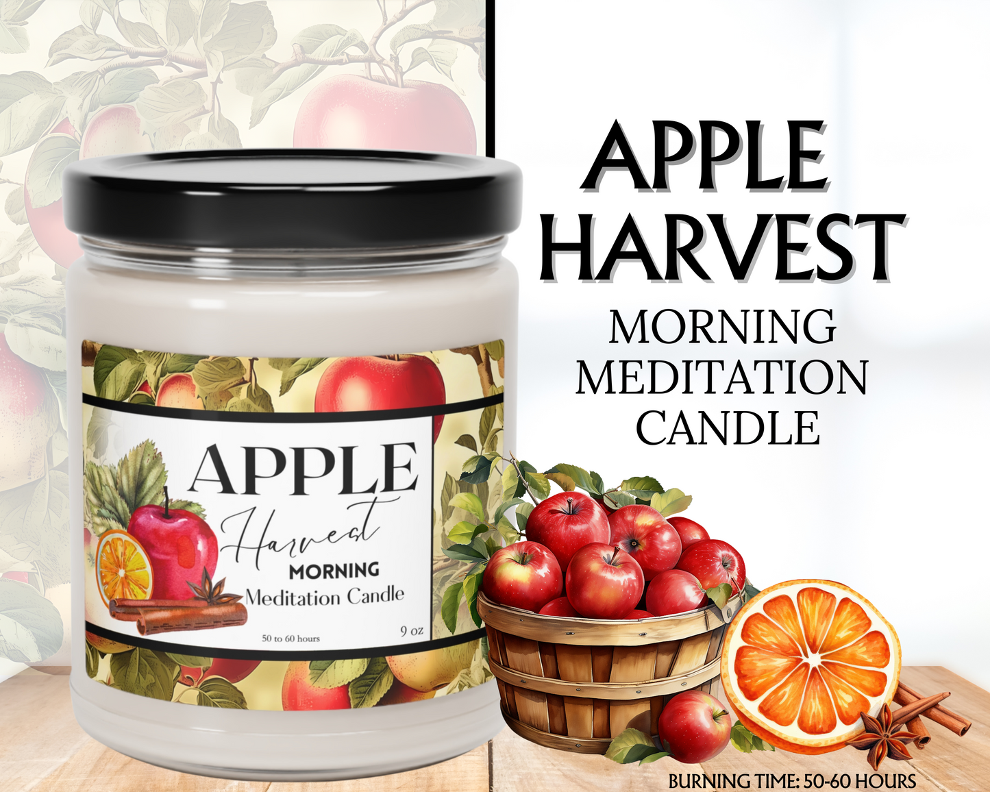 Apple Harvest candle with label and apple-themed design on a white background