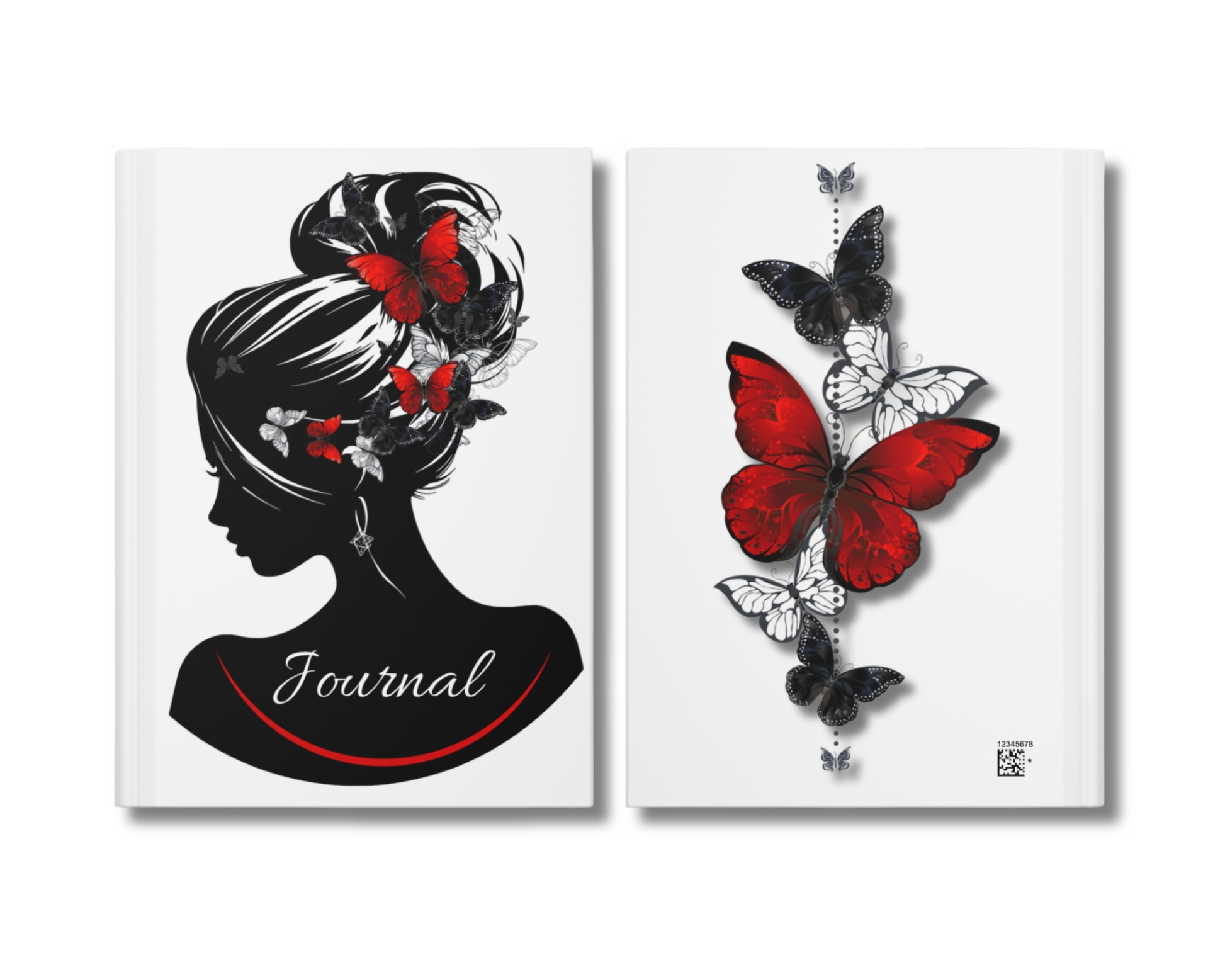 Two artistic illustrations of a woman's silhouette with butterflies and a red butterfly on a white background.