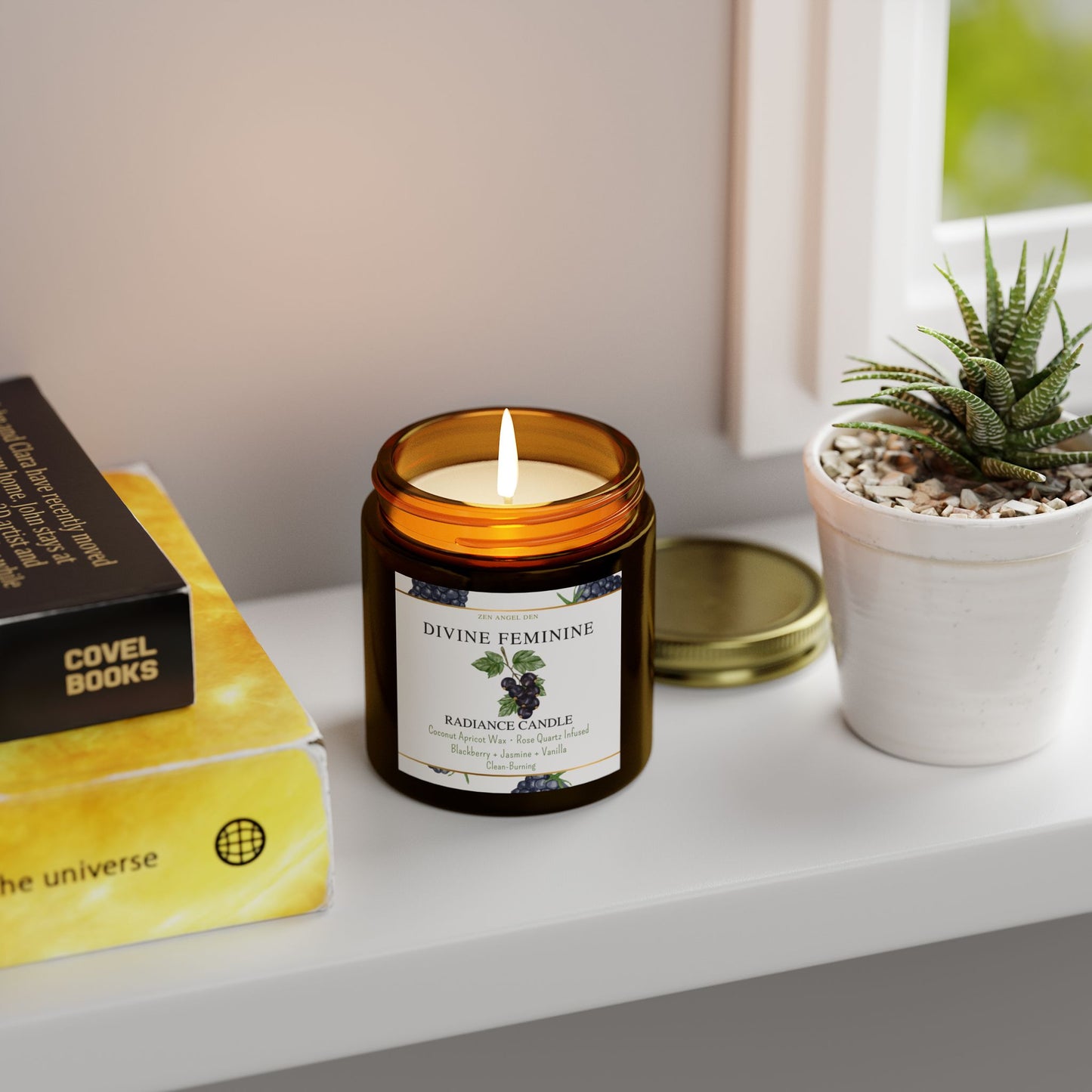 Candle, Divine Feminine Radiance, Blackberry Jasmine Vanilla, Rose Quartz Crystal, Coconut Apricot Wax, Spiritual Self-Care