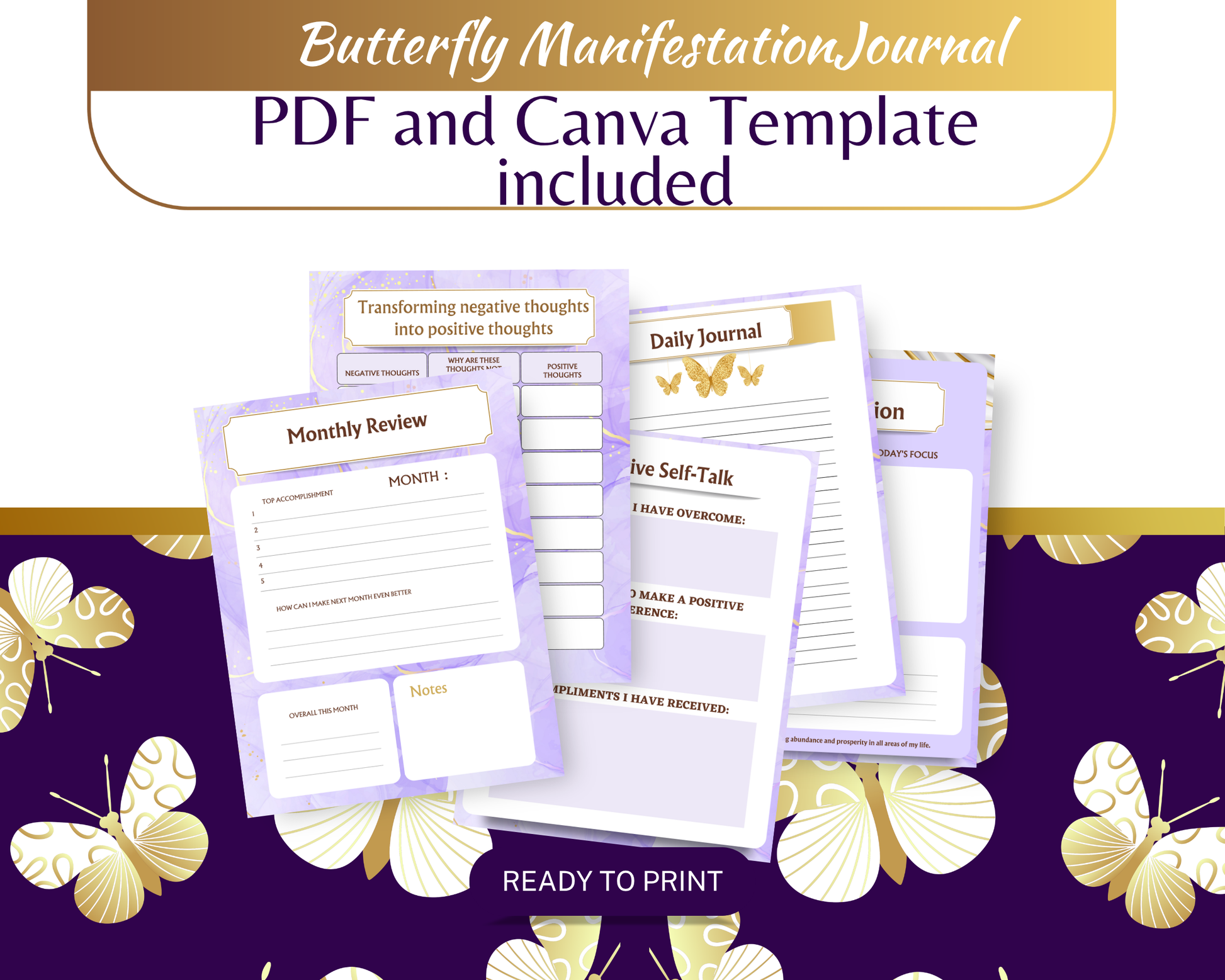 Butterfly Manifestation Journal with PDF and Canva Template included on a purple background with butterflies.
