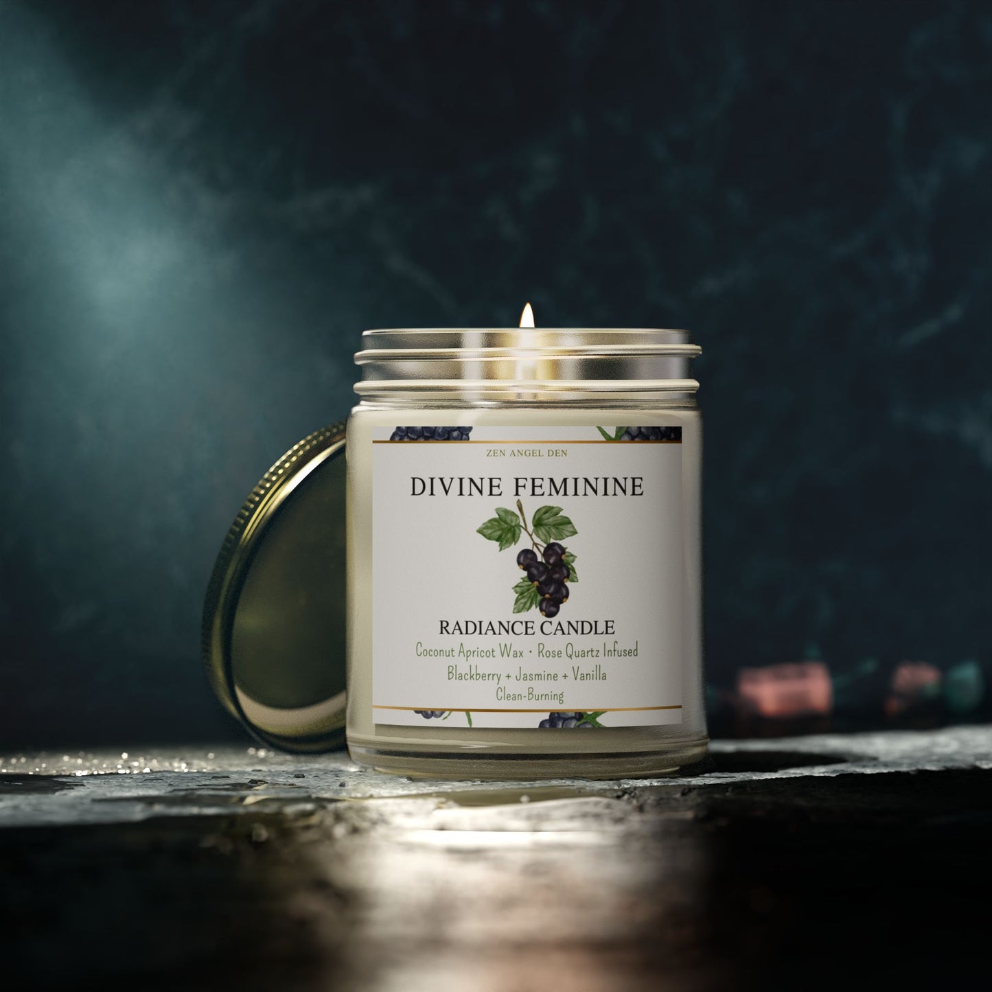 Candle, Divine Feminine Radiance, Blackberry Jasmine Vanilla, Rose Quartz Crystal, Coconut Apricot Wax, Spiritual Self-Care