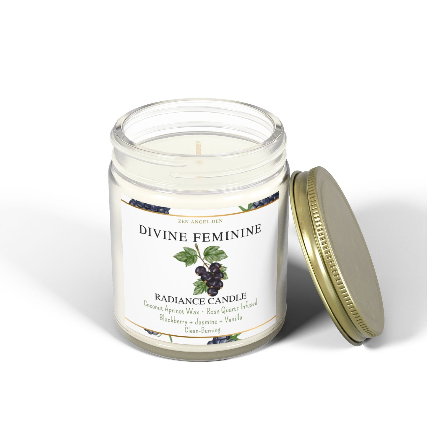 Candle, Divine Feminine Radiance, Blackberry Jasmine Vanilla, Rose Quartz Crystal, Coconut Apricot Wax, Spiritual Self-Care