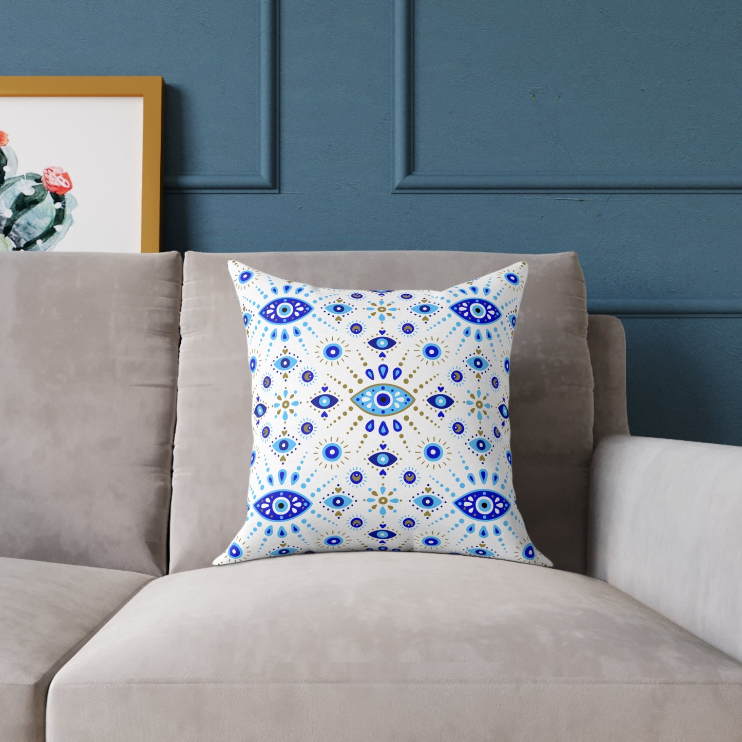 Bohemian Eye Pattern Pillow, Cozy Home Decor, Boho Accent Cushion, Throw Pillow for Couch, Gift for Her, Blue and White Decor