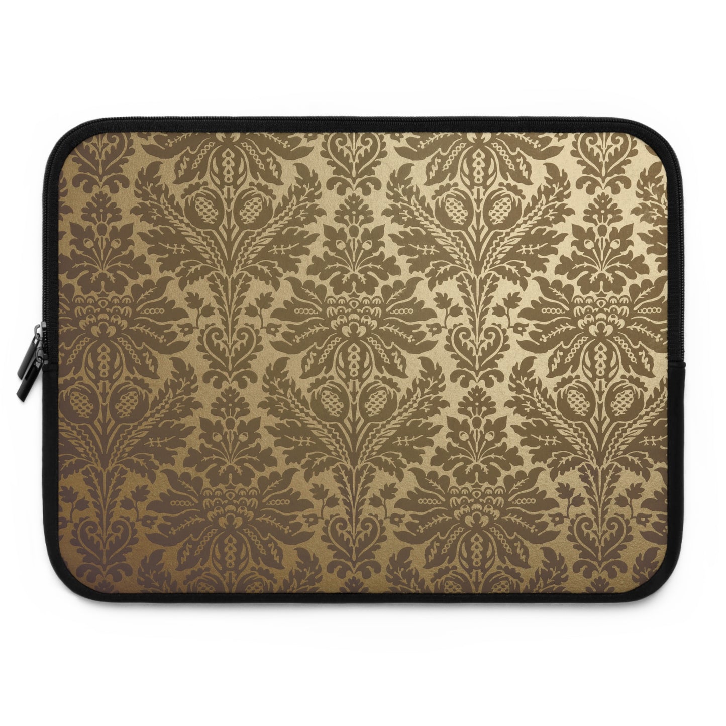 Laptop sleeve with brown floral damask pattern on a beige background