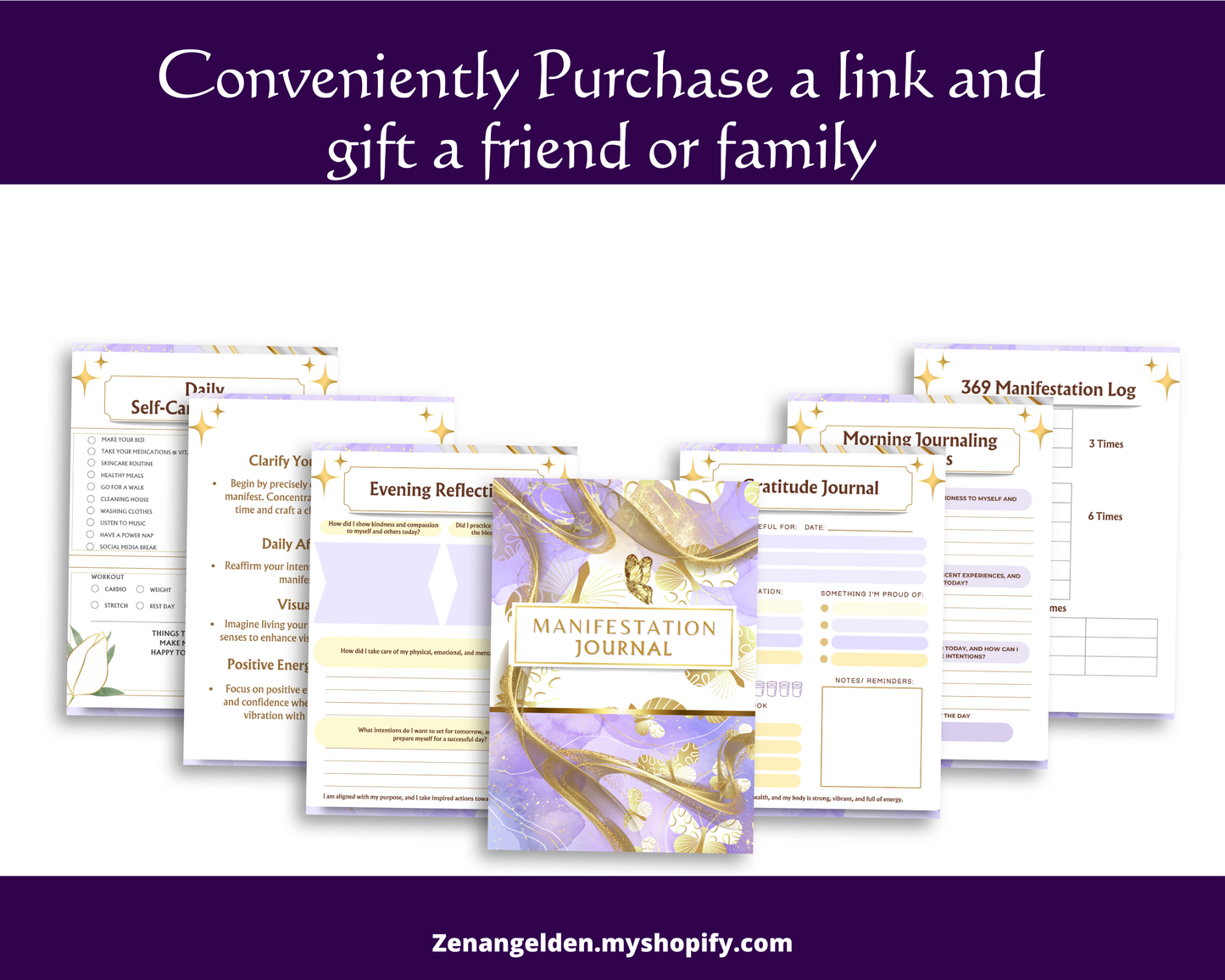 Manifestation journal with various pages on a white background, promoting the purchase of a link to share with friends or family.