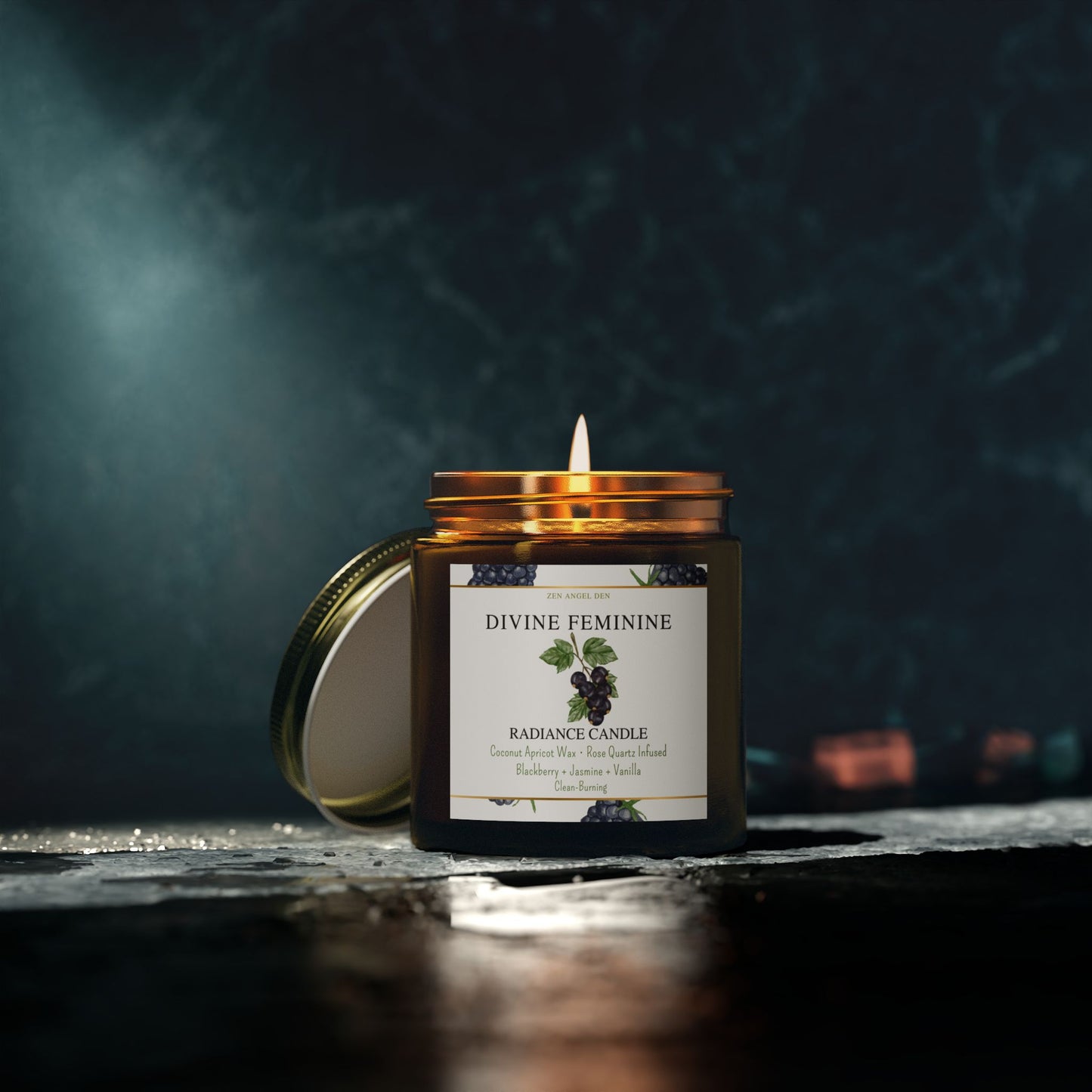 Candle, Divine Feminine Radiance, Blackberry Jasmine Vanilla, Rose Quartz Crystal, Coconut Apricot Wax, Spiritual Self-Care