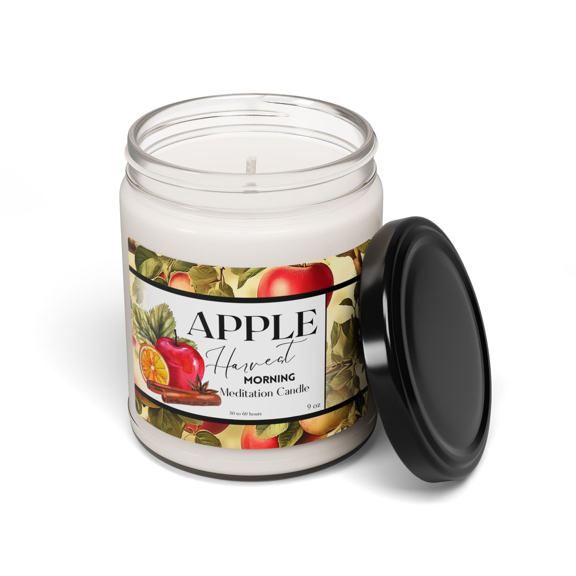 Candle jar with 'Apple Harvest' label on a white background