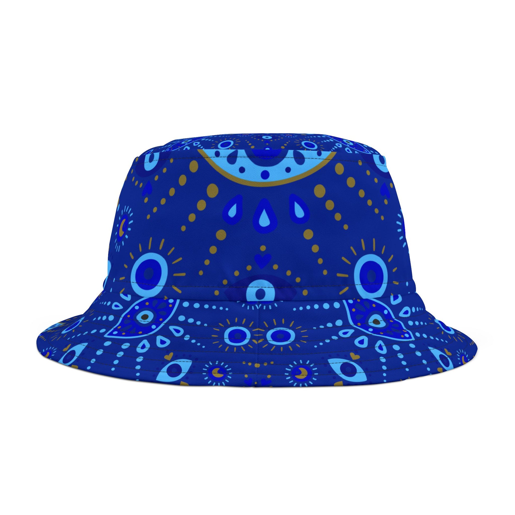 Blue bucket hat with abstract pattern on a white background