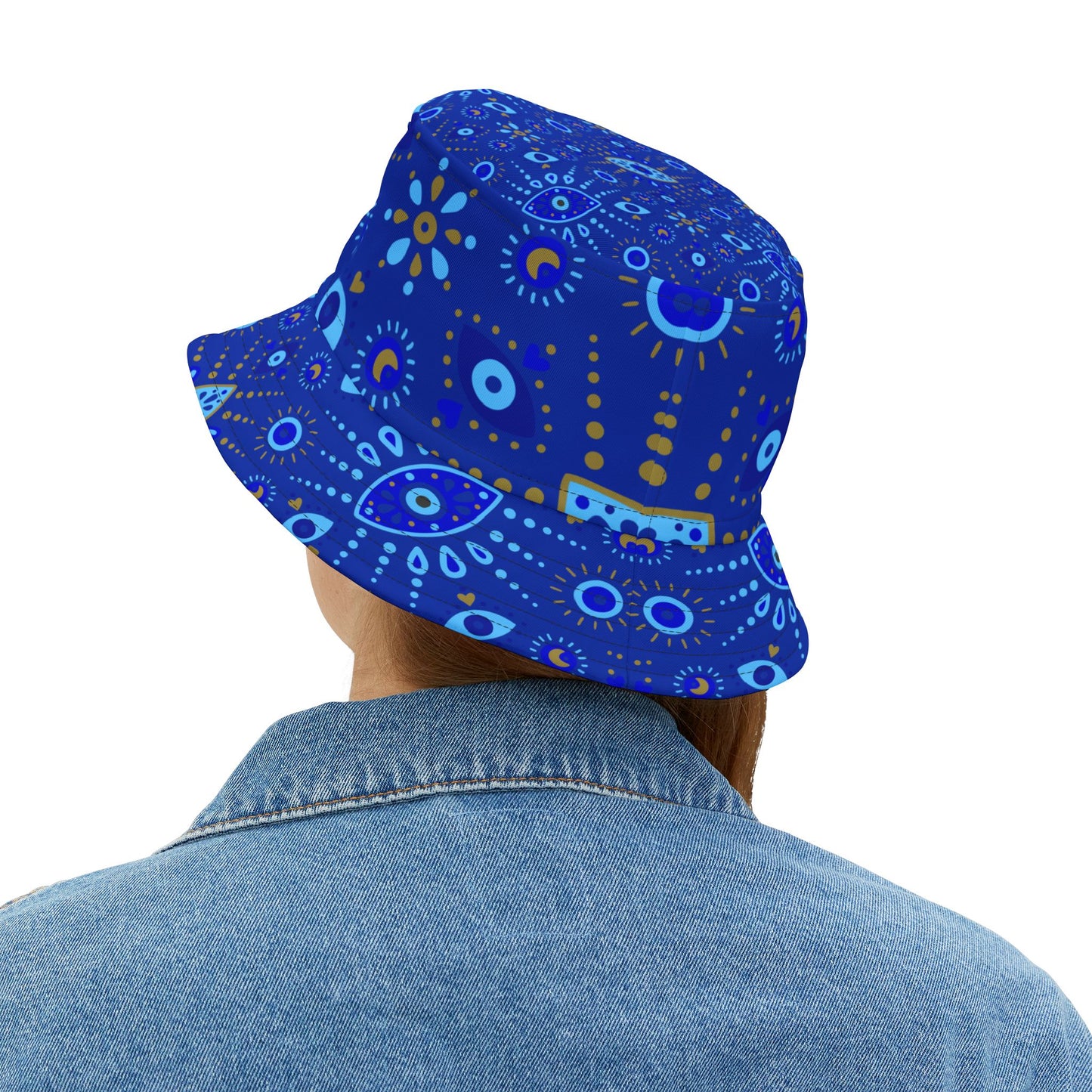 Person wearing a blue bucket hat with abstract patterns on a white background