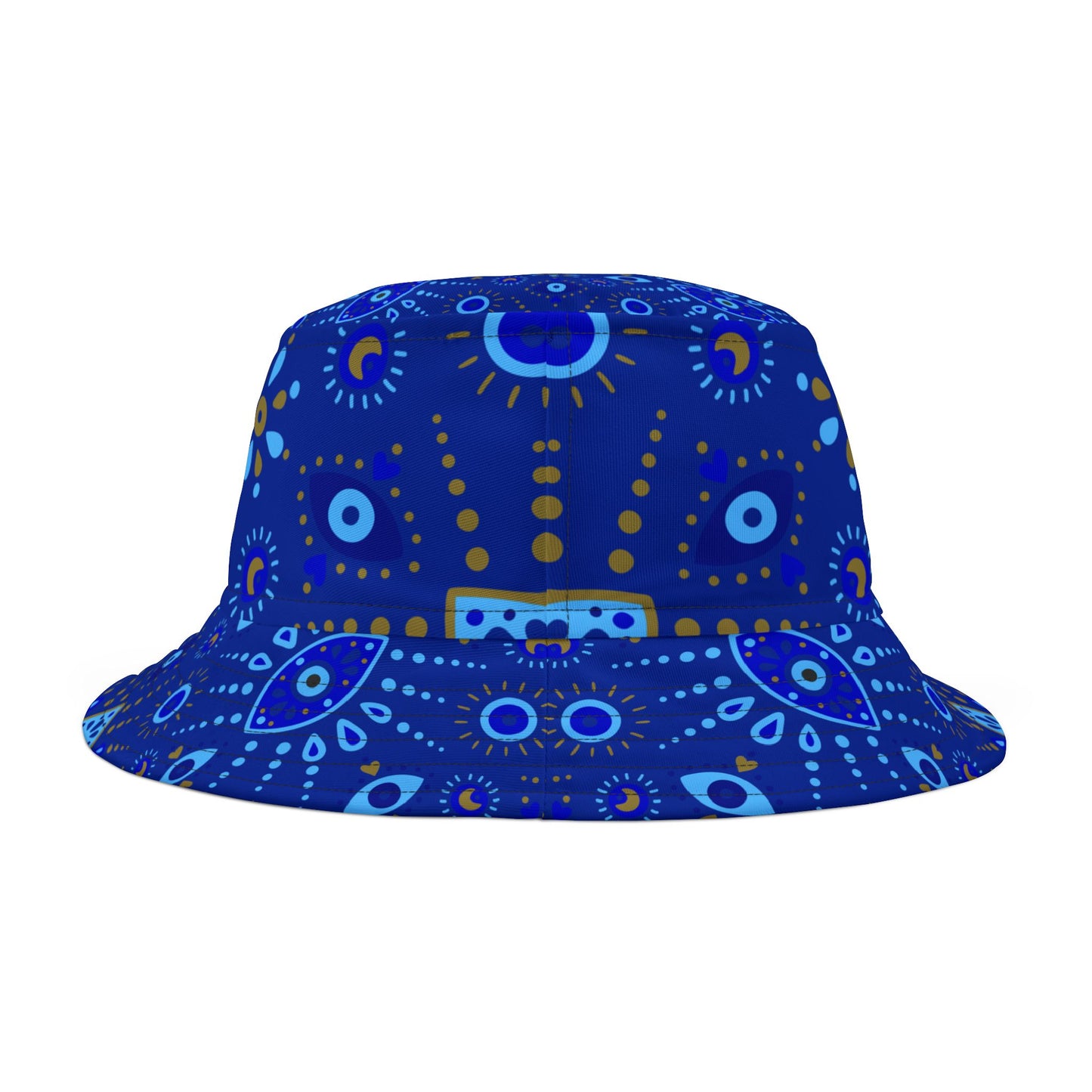 Blue bucket hat with abstract pattern on a white background