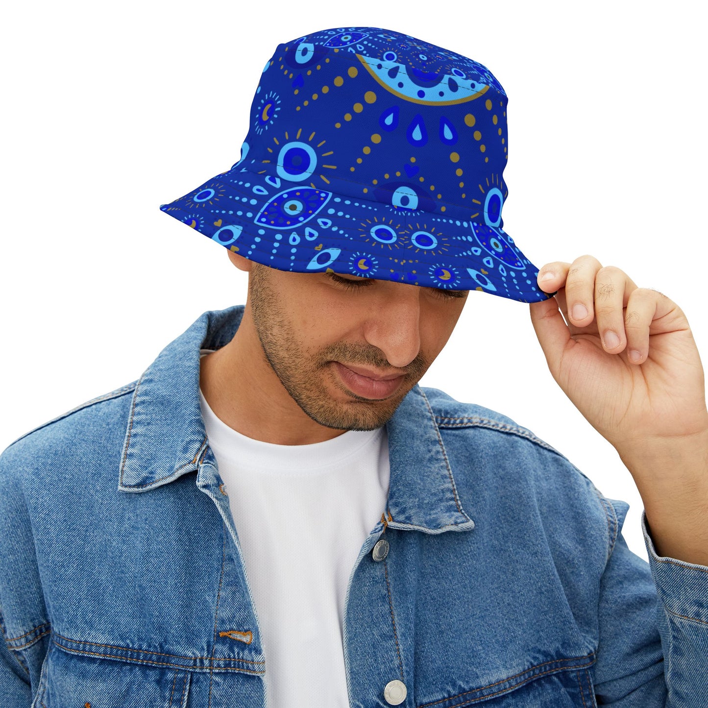 Man wearing a blue patterned bucket hat against a white background
