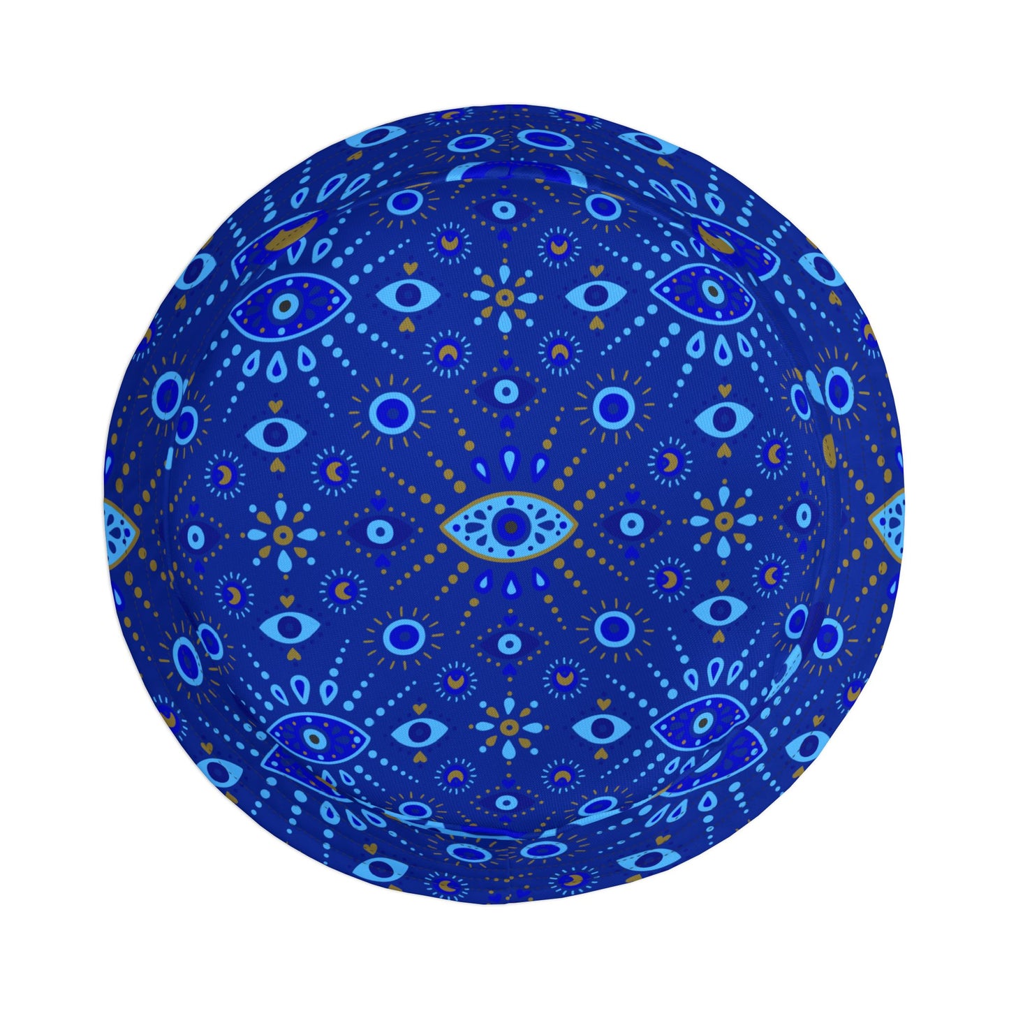 Blue patterned ball with eye design on a white background