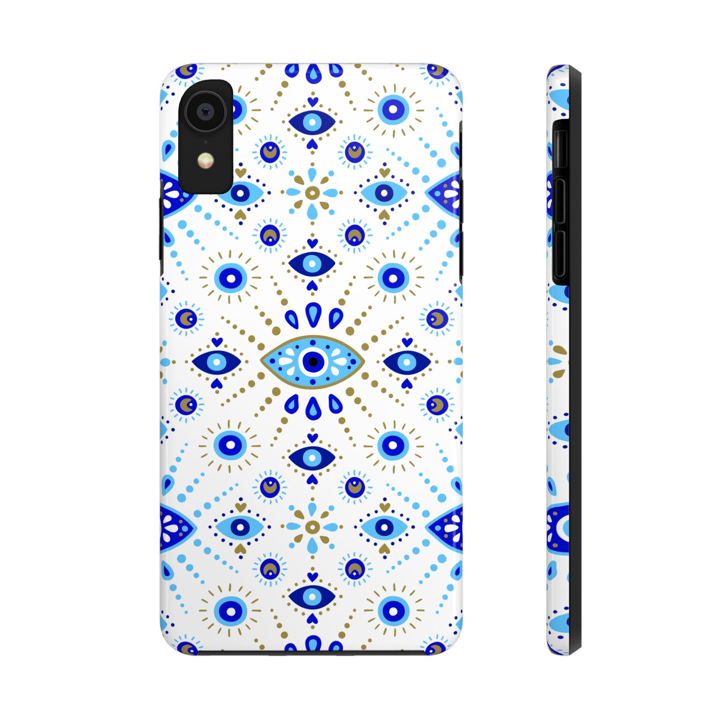 Phone case with blue and gold geometric pattern on a white background