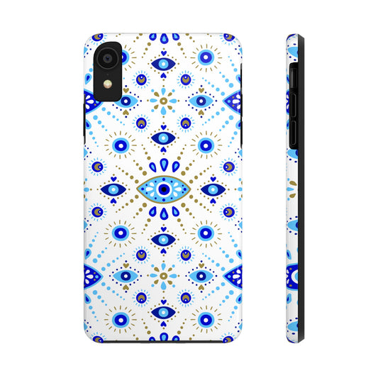 Phone case with blue and gold geometric pattern on a white background