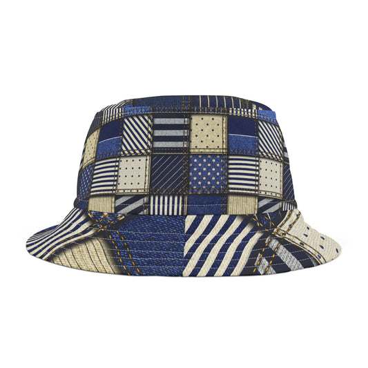Bucket hat with patchwork pattern on a white background