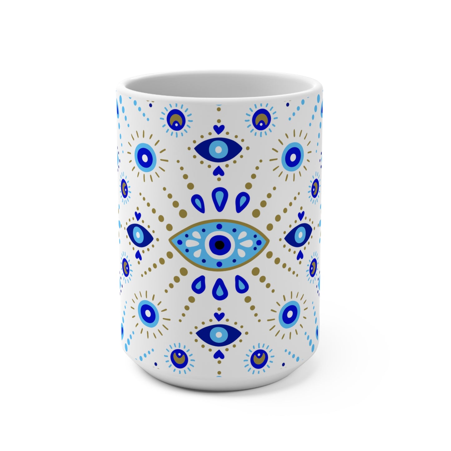 White mug with blue and gold eye pattern on a white background