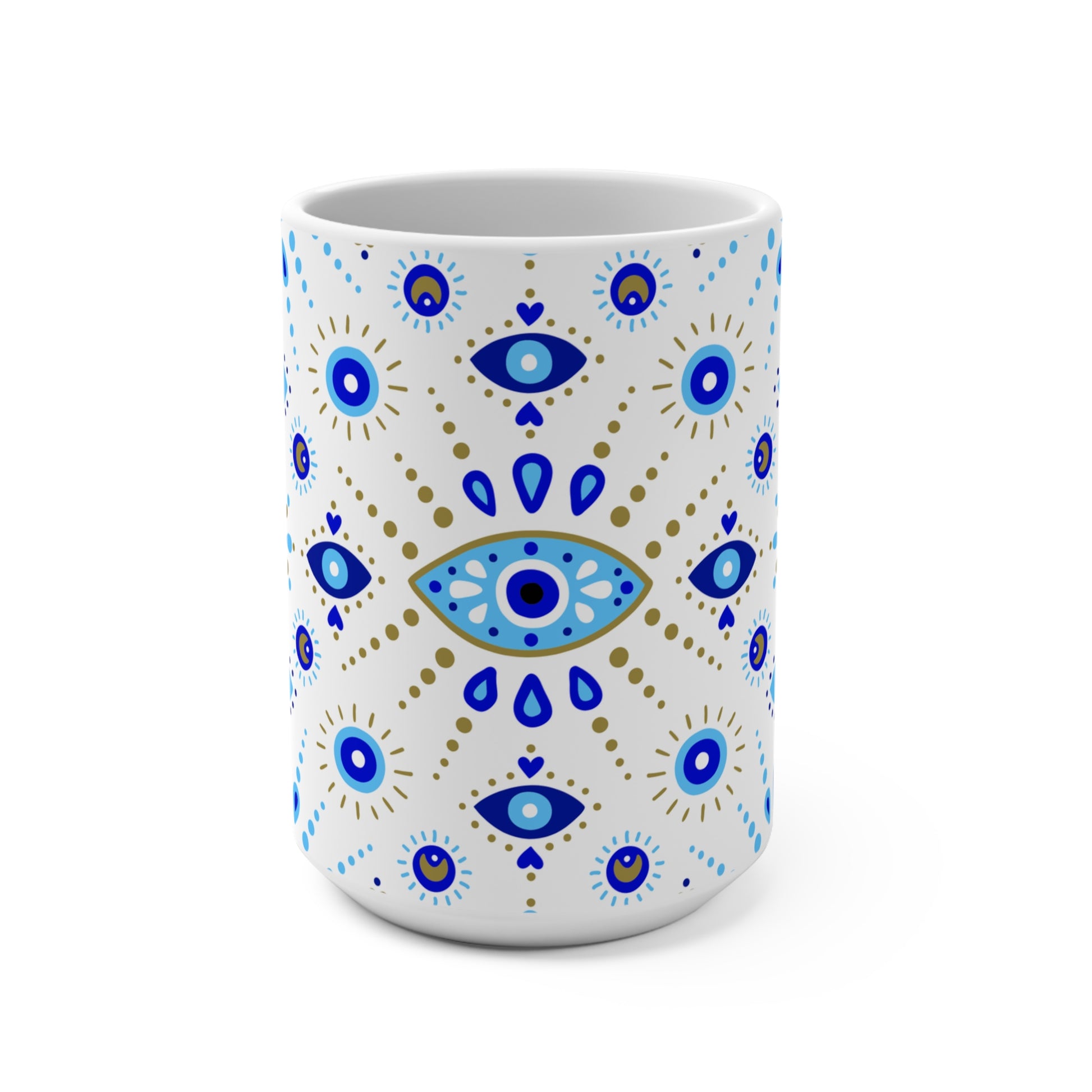 White mug with blue and gold eye pattern on a white background