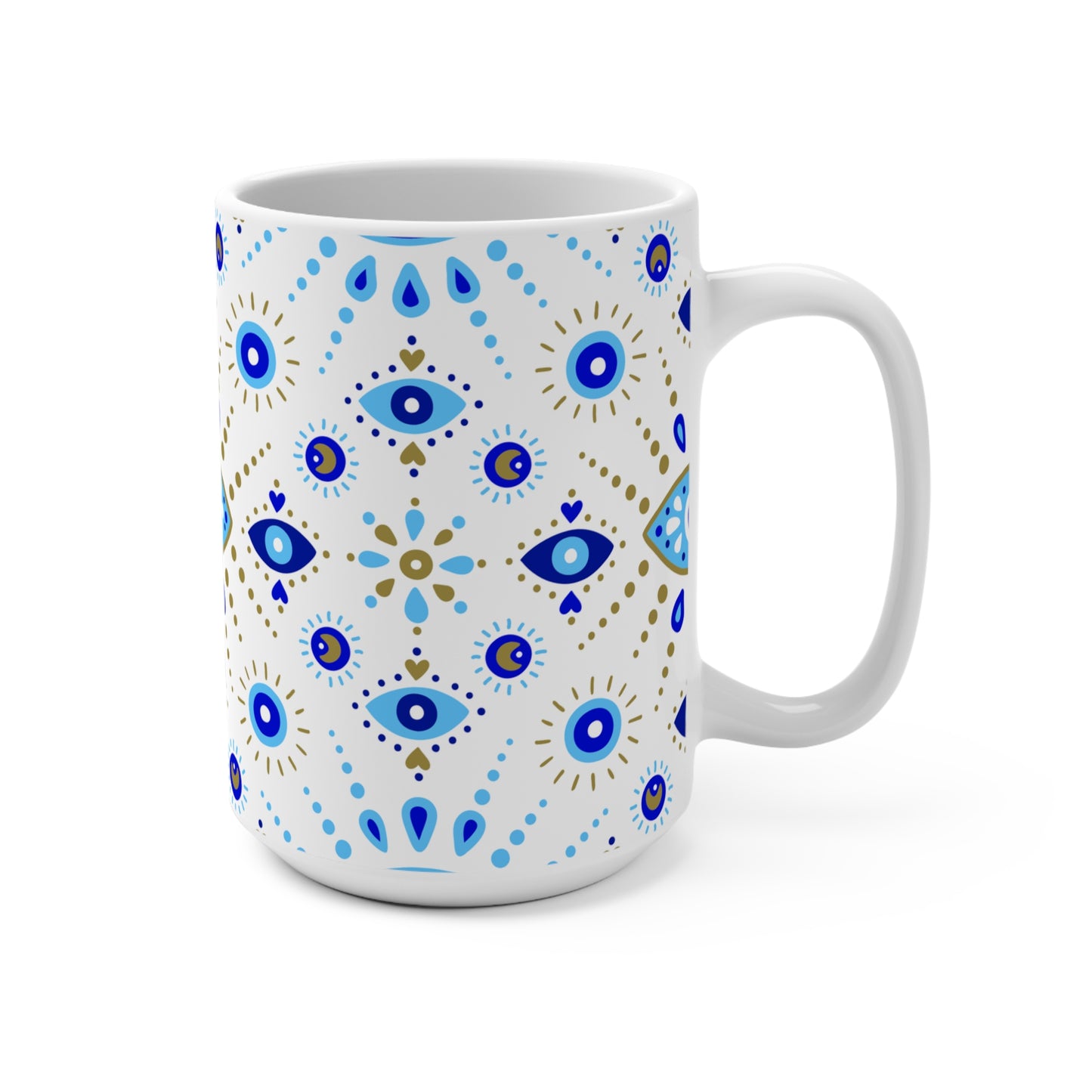 White mug with blue and gold decorative pattern on a white background