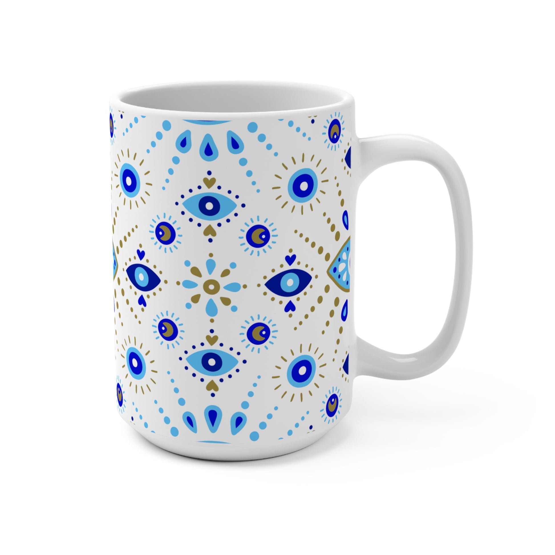 White mug with blue and gold decorative pattern on a white background