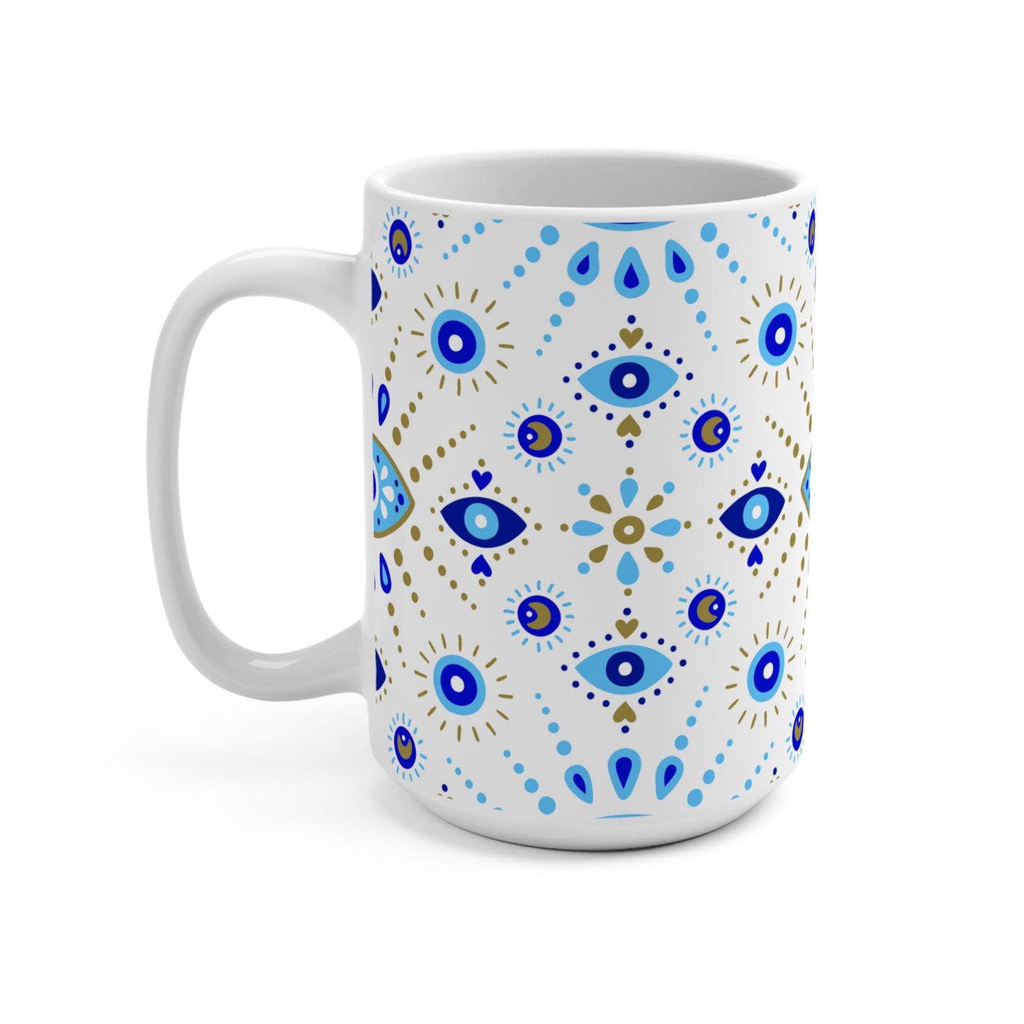 White mug with blue and gold decorative pattern on a white background