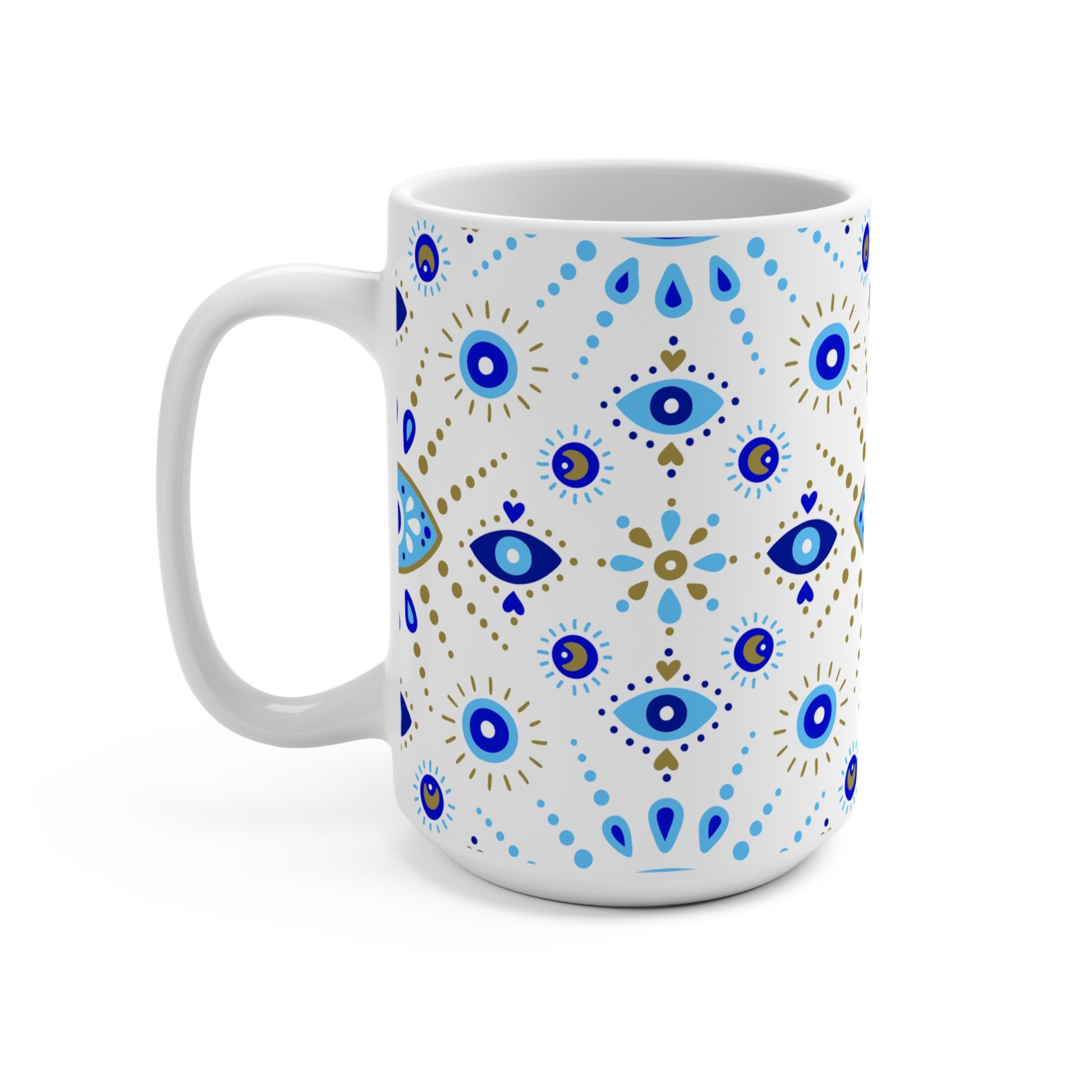 White mug with blue and gold decorative pattern on a white background