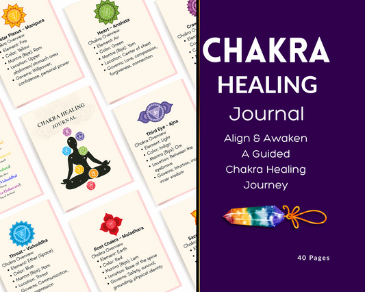 Flat lay of the Chakra Healing Journal cover and 7 chakra overview cards, including colors, elements, and affirmations, with bold title "Align & Awaken – A Guided Chakra Healing Journey."