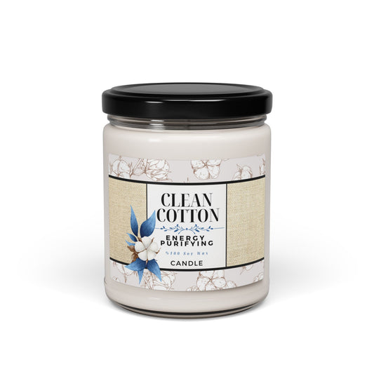 Candle jar labeled 'Clean Cotton' with a decorative label on a white background