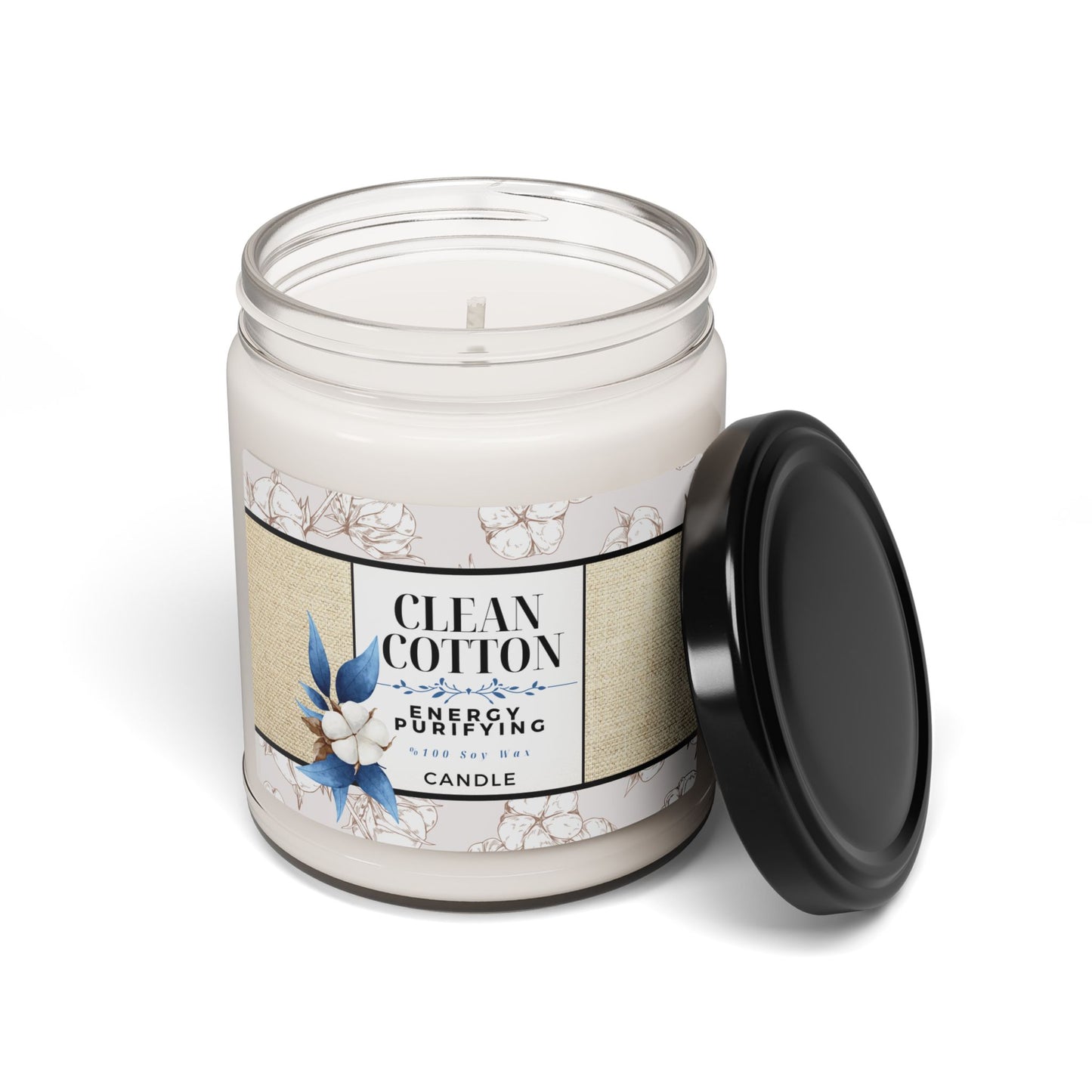 Candle jar labeled 'Clean Cotton' with a black lid on a white background