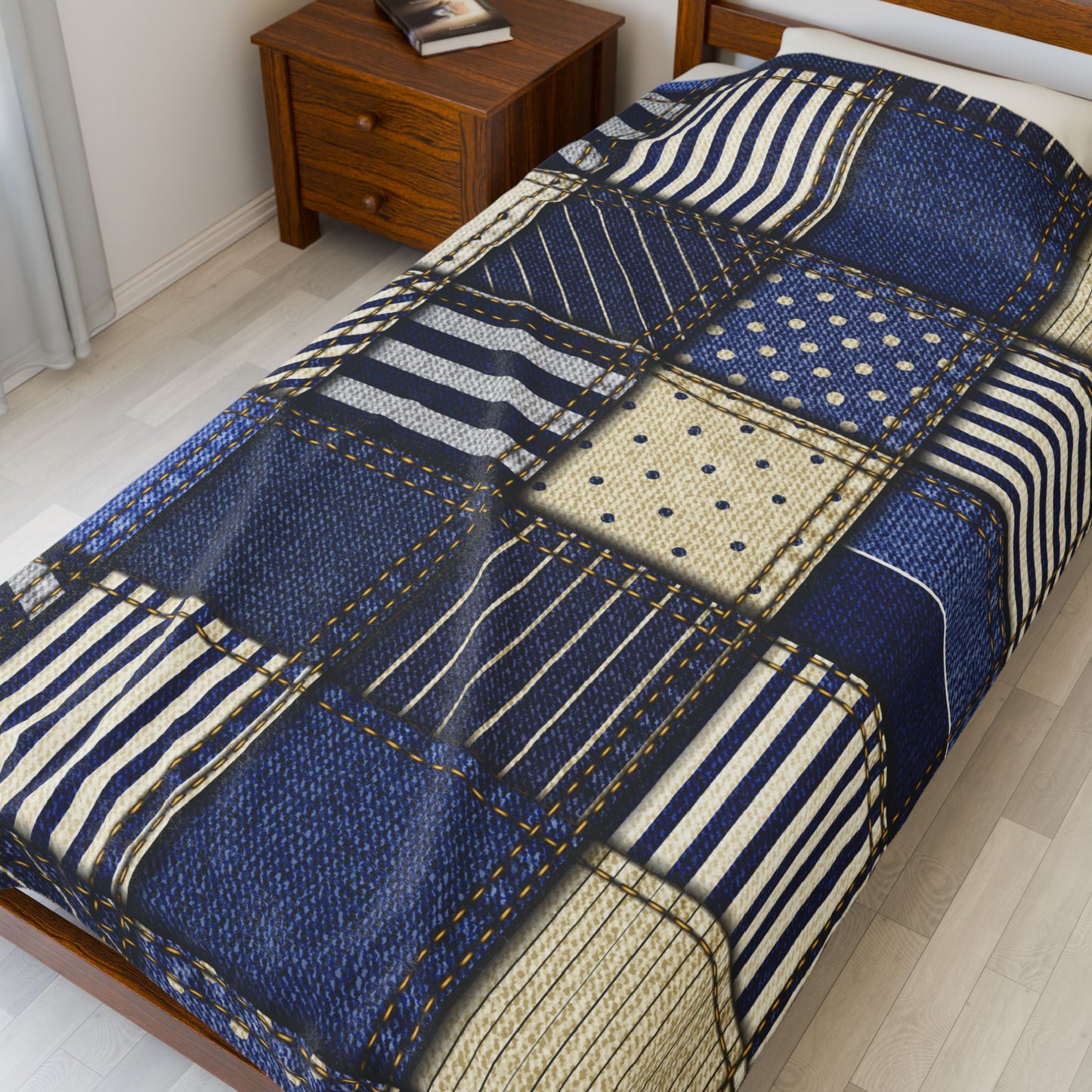 Patchwork quilt made from denim fabric on a bed in a bedroom setting.