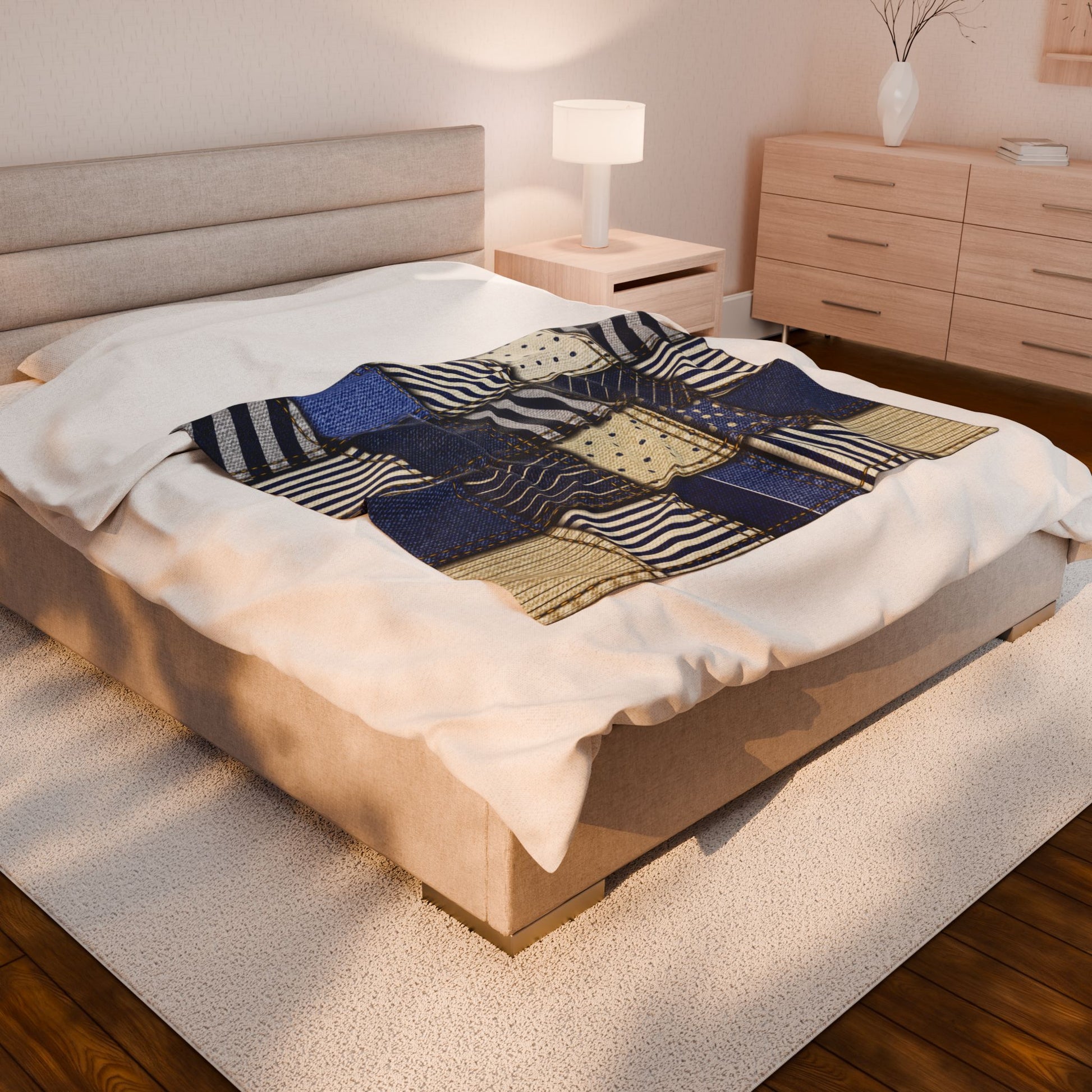 Bed with a patterned quilt in a bedroom setting