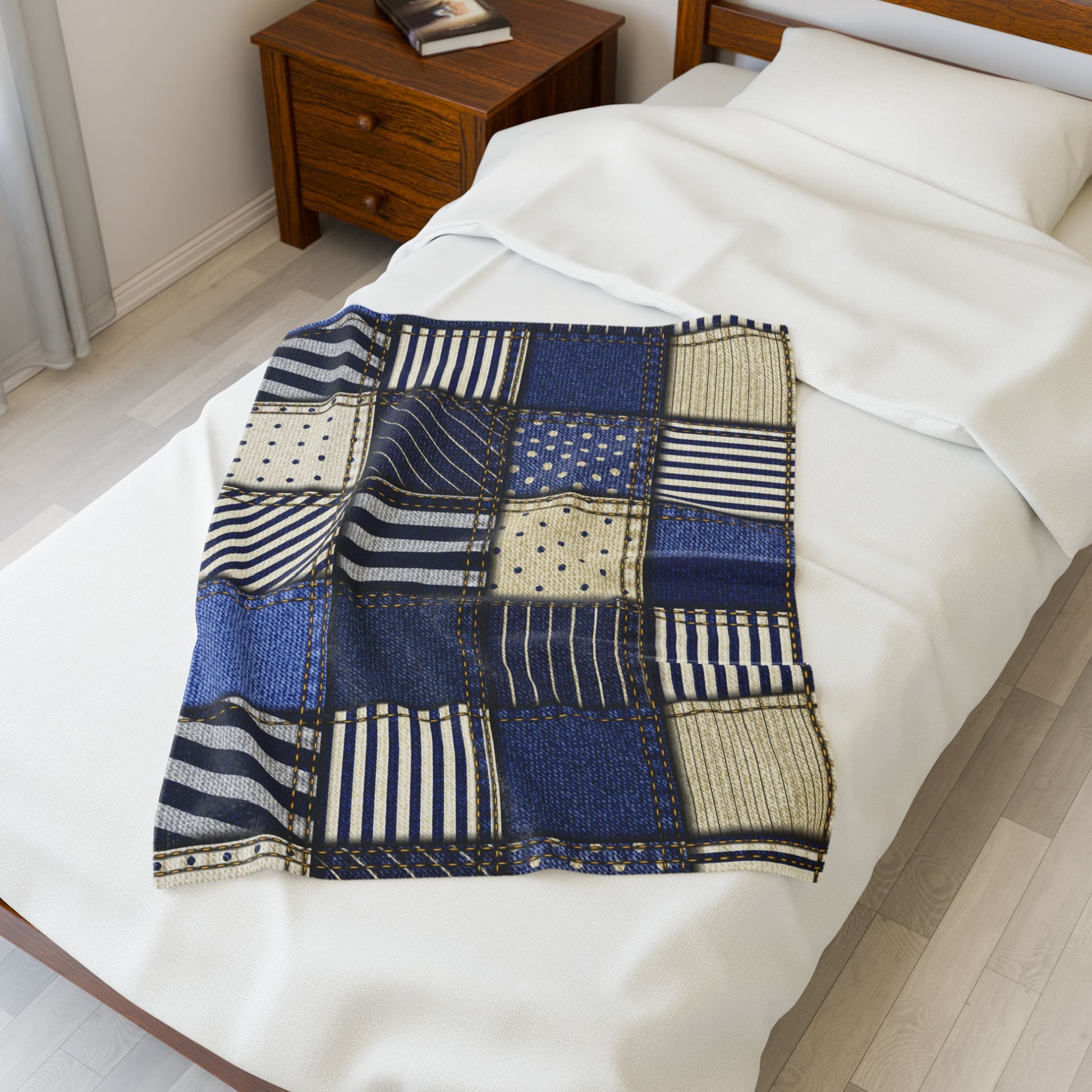 Patchwork blanket with blue and beige patterns draped over a bed.