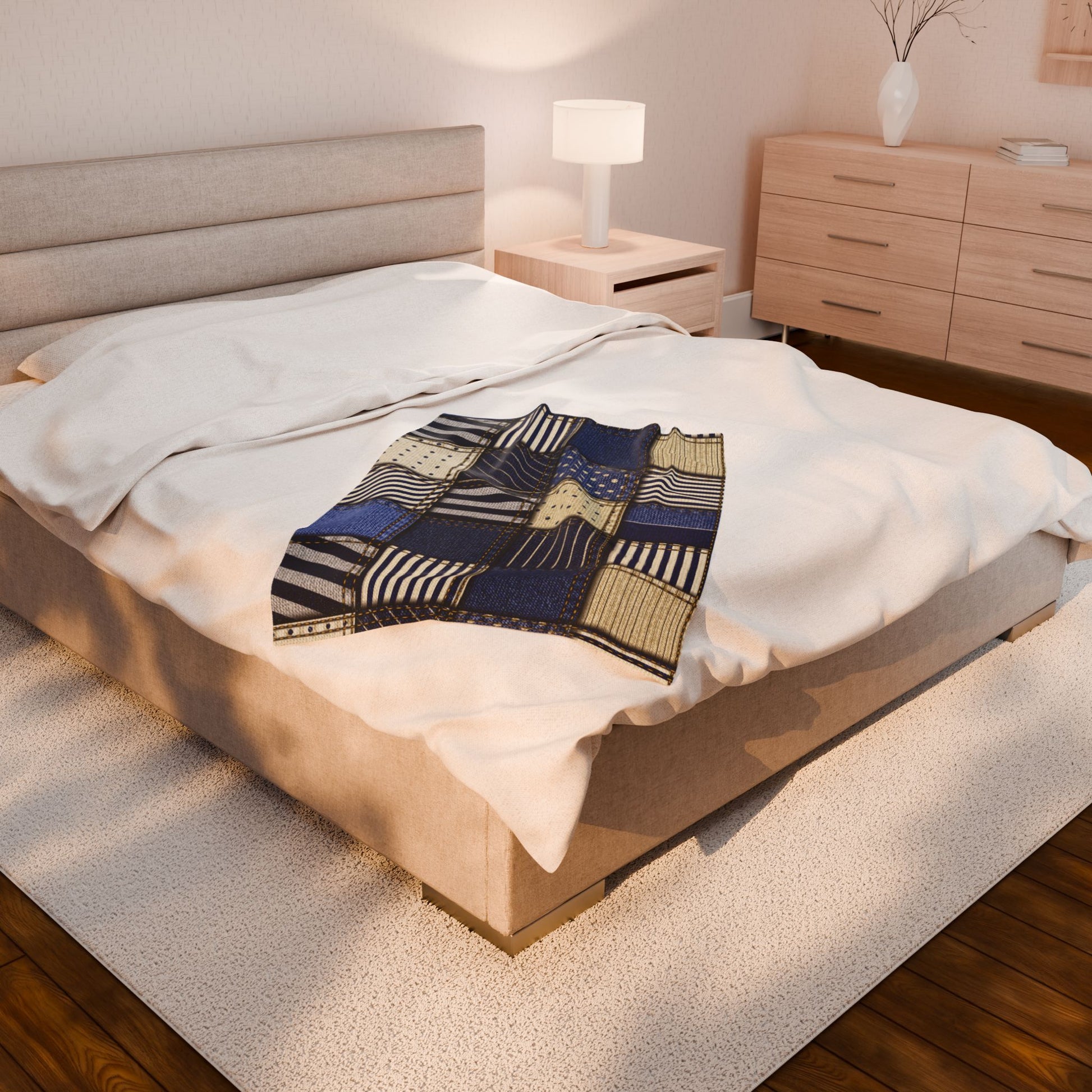 Bedroom with a bed featuring a patterned blanket, nightstands, and a dresser.