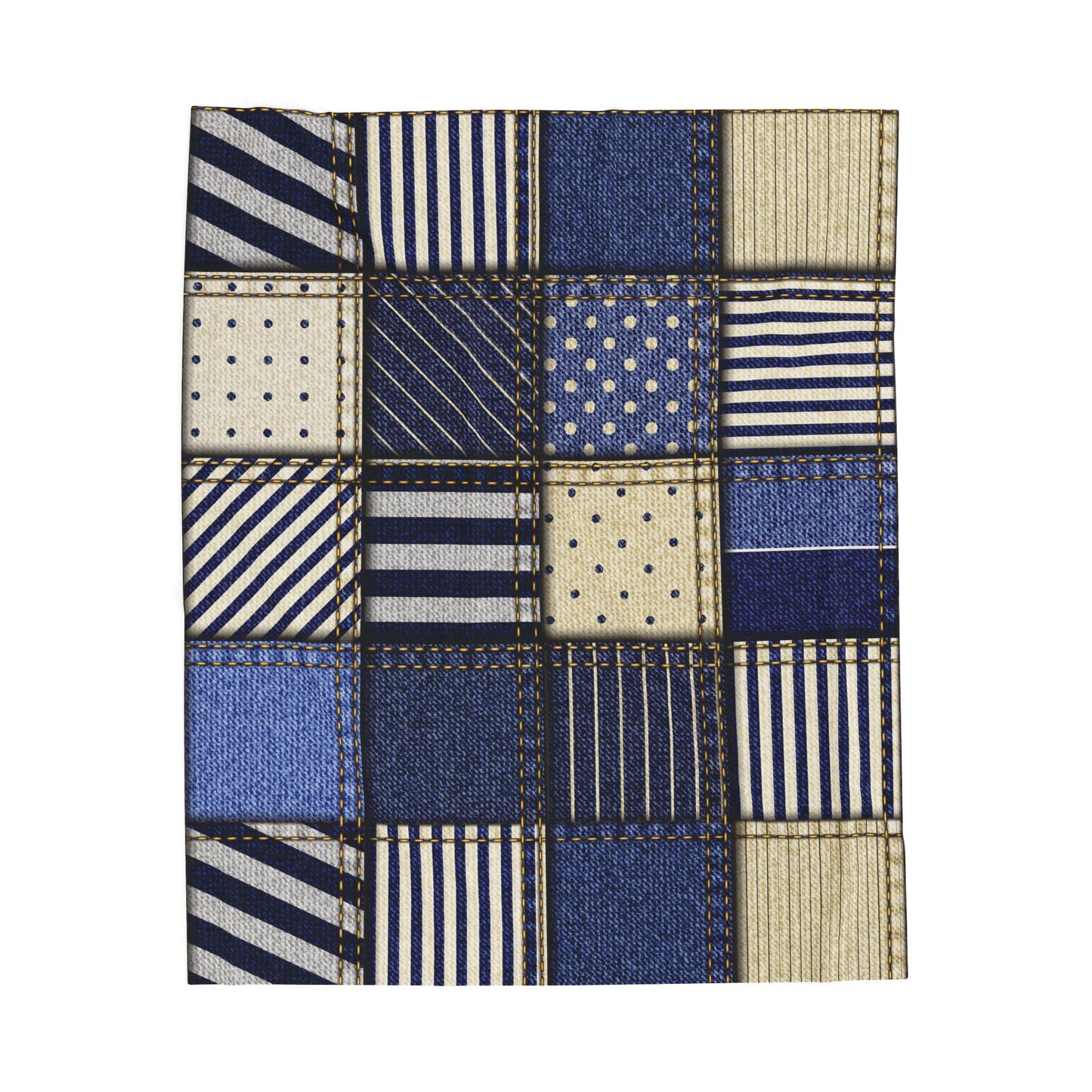 Patchwork fabric swatch with blue, beige, and white patterns on a white background