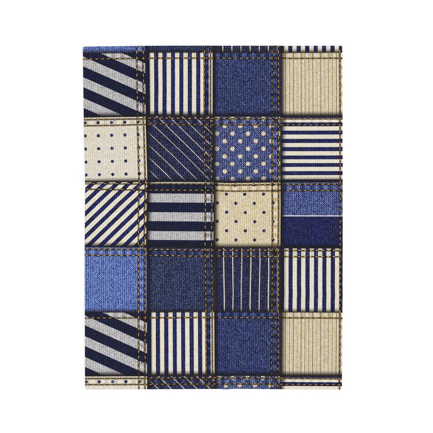 Patchwork pattern with blue, beige, and white squares on a white background